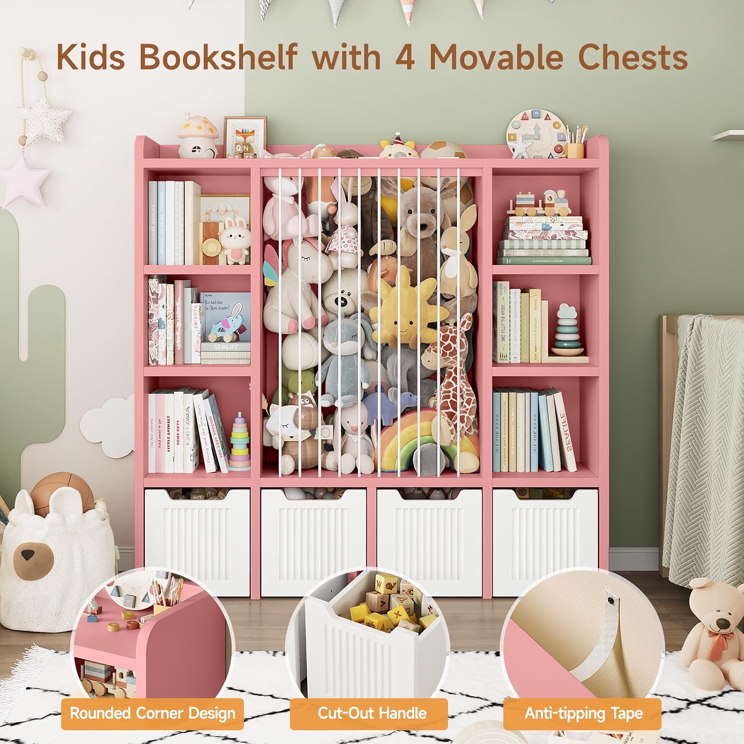 ONBRILL Toy Storage Organizer, Toddler Stuffed Animal Storage, Kids Toy Shelf with 6 Open Cubbies & 4 Movable Toy Chest, Bookshelf for Kids Room Playroom Bedroom Nursery (Pink)