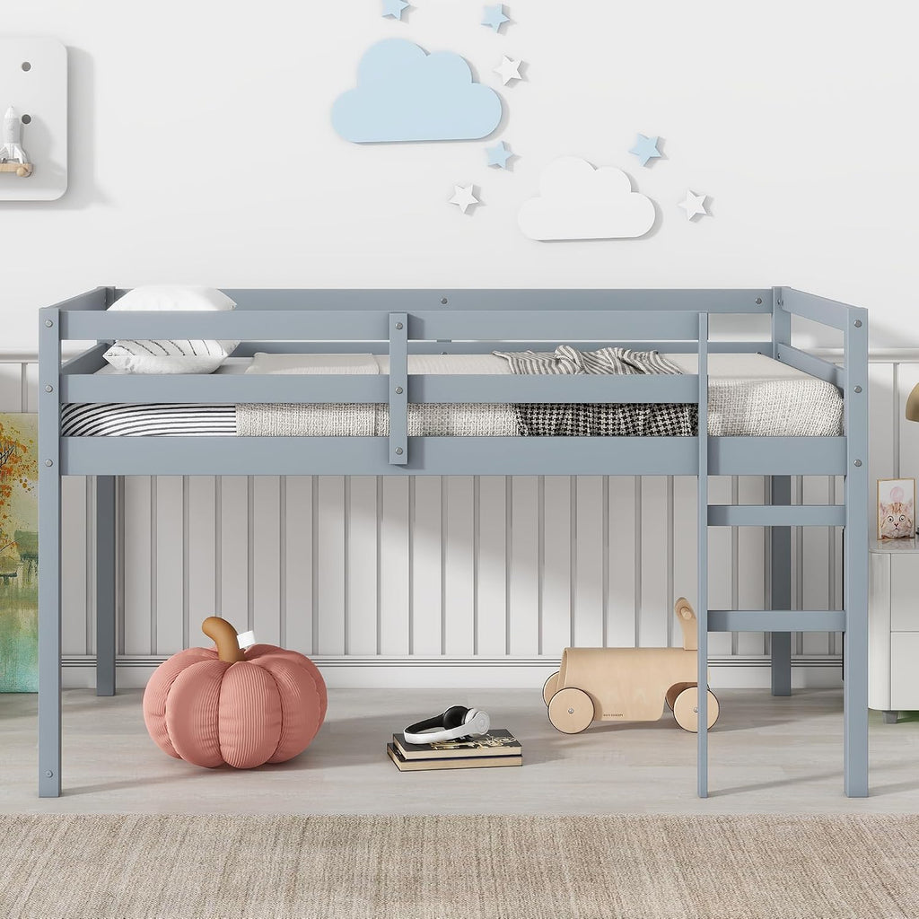 JIVOIT Wood Low Loft Bed Frame with Ladder, Solid Rubber Wooden Twin Loft Bed, Bed Platform of Strengthened Slats, Space Saving Design, No Box Spring Needed (Gray,104)
