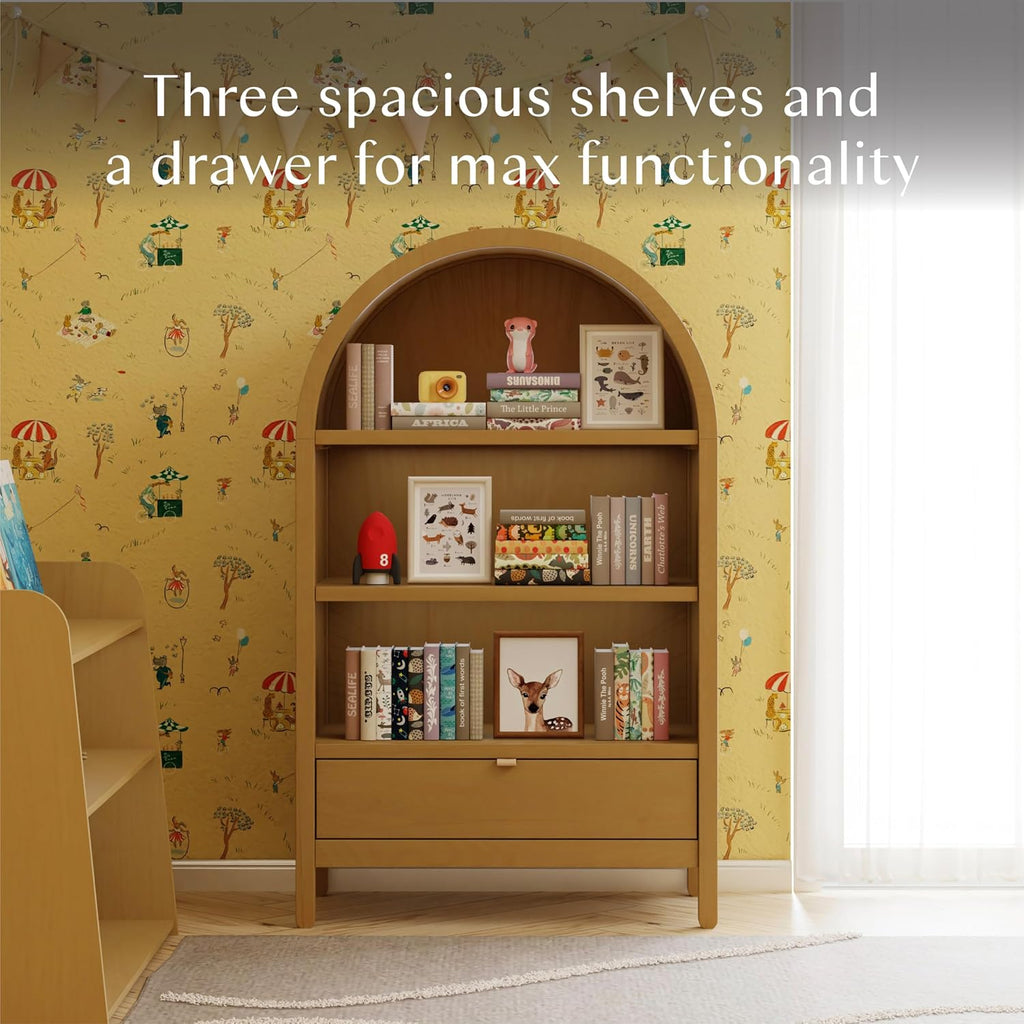 Babyletto Bondi Bookcase | Space-Saving Storage for Small Rooms, Kids Bedroom & Living Room | GREENGUARD Gold Certified Book Case | Assembled Wooden Book Shelf with Adjustable Shelf & Drawer - Honey