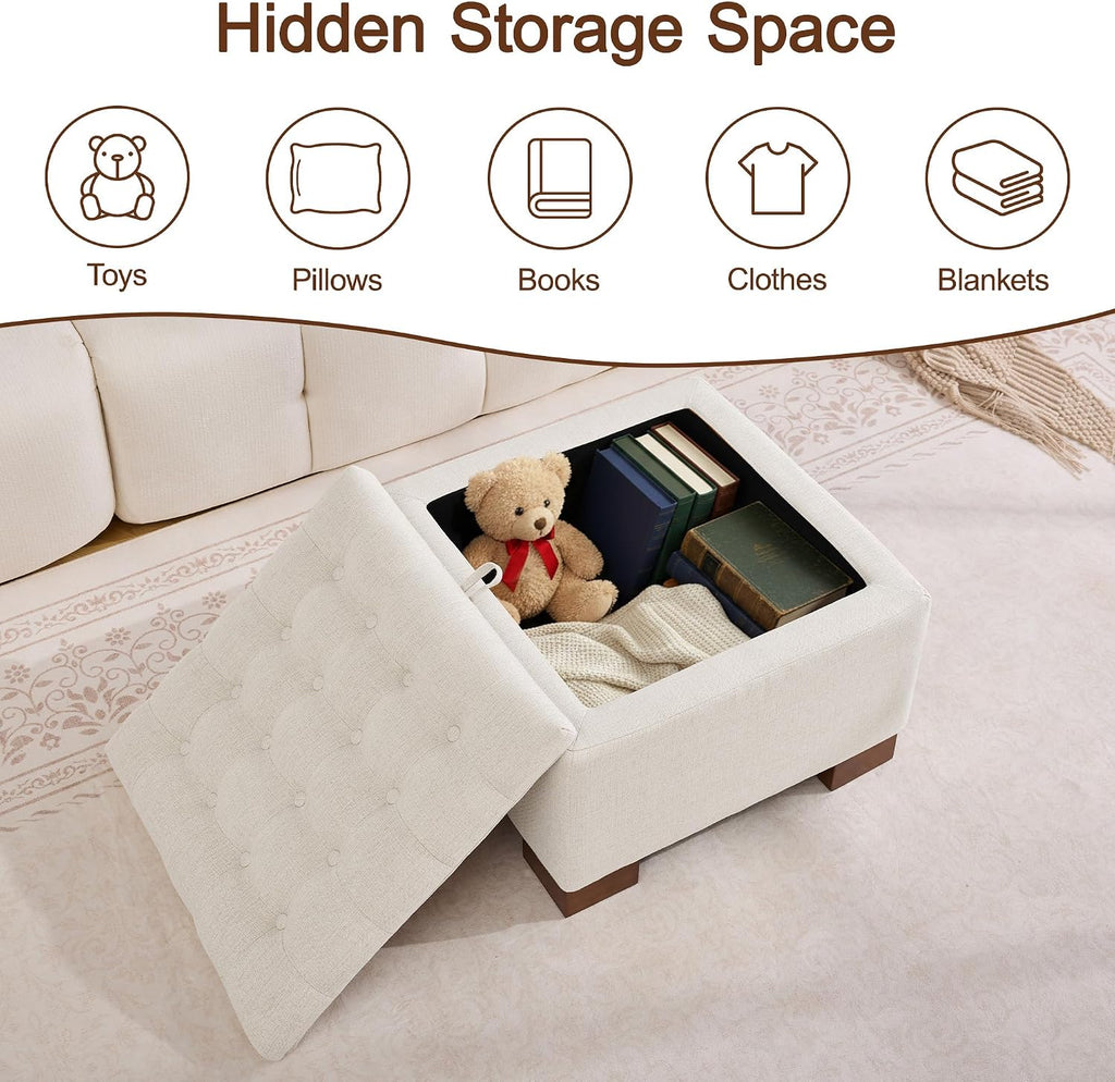 WUTUTUEE 24' Square Fabric Storage Ottoman with Wooden Tray Top, Modern Tufted Button Upholstered Footstool Coffee Table, Multifunctional Small Storage Ottoman for Living Room Bedroom, Beige