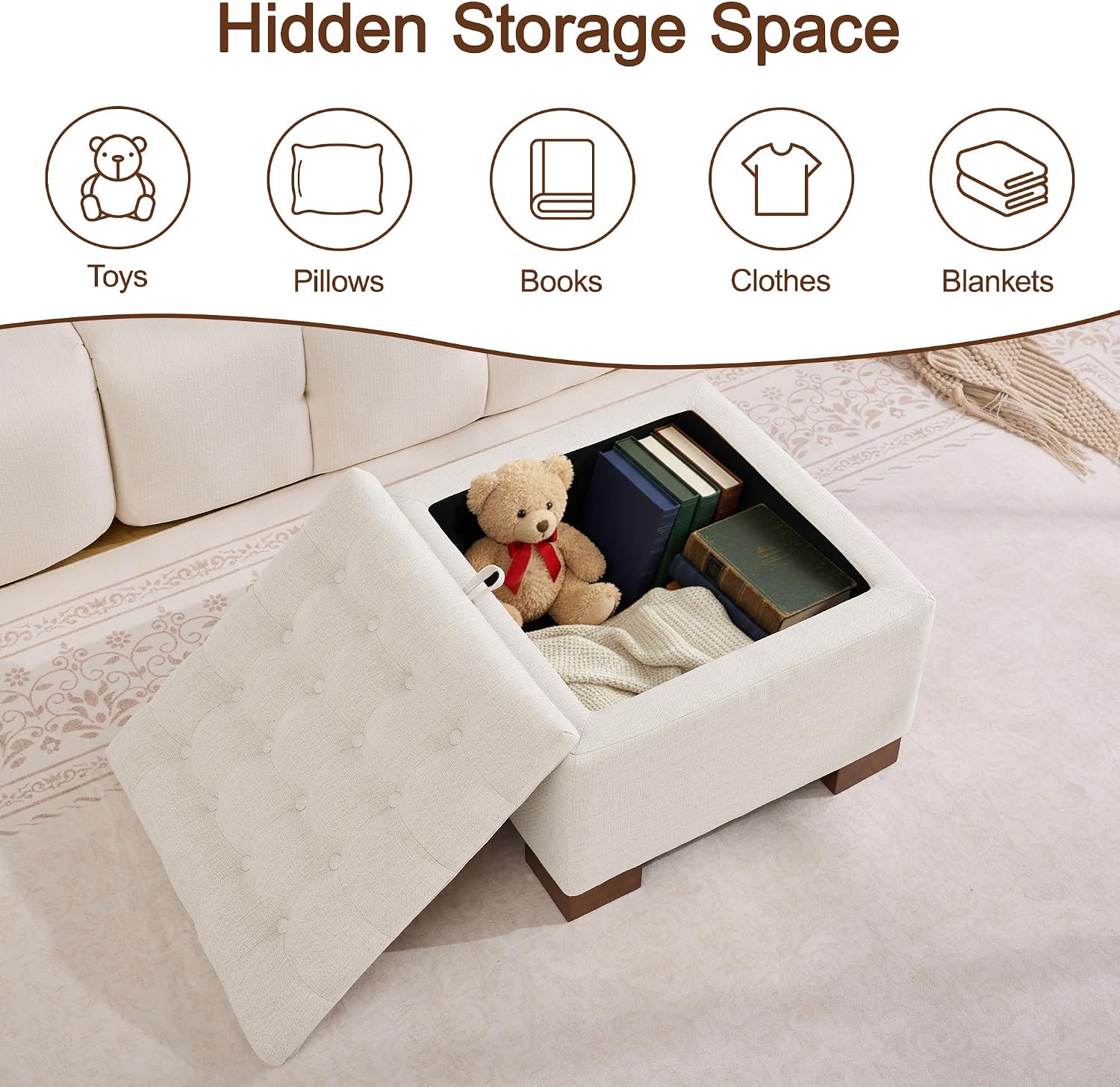 WUTUTUEE 24' Square Fabric Storage Ottoman with Wooden Tray Top, Modern Tufted Button Upholstered Footstool Coffee Table, Multifunctional Small Storage Ottoman for Living Room Bedroom, Beige