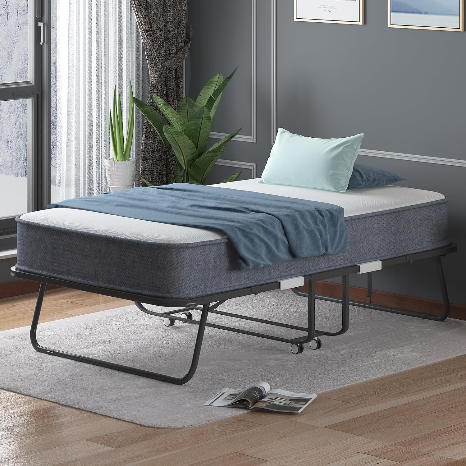 PUREMIND Folding Bed with Mattress for Adults, Portable Rollaway Guest Beds with 4' Memory Foam Mattress & Metal Frame, Twin Size Foldable Bed Fold Away Beds Space Saving