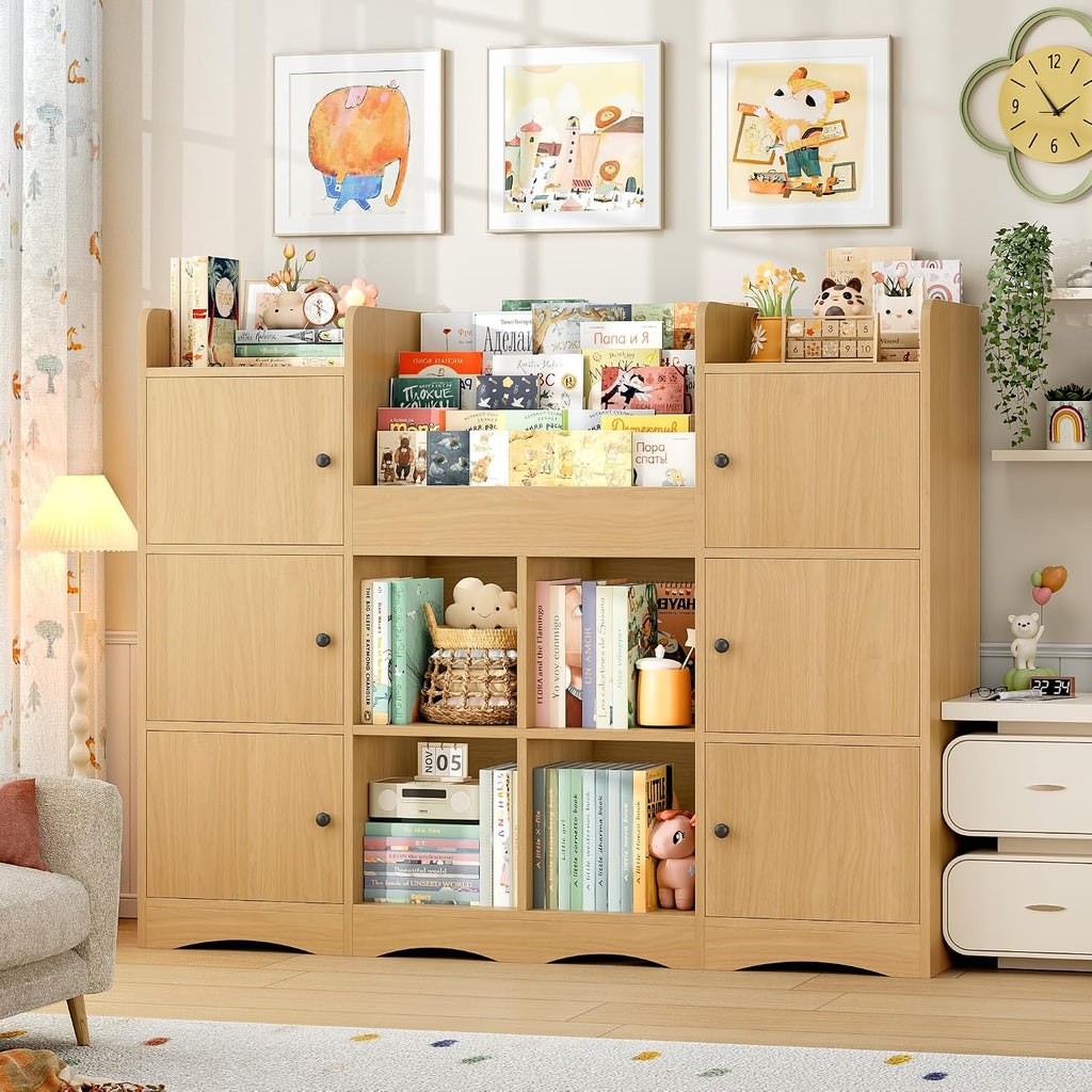 FINETONES Toy Shelf and Toy Storage, 55' Large Kids Bookshelf Toy Organizers and Storage with 10 Cubbies and 4 Tier Shelf, Toy Organizer and Chest with Raised-Edge Top Shelf for Playroom, Natural
