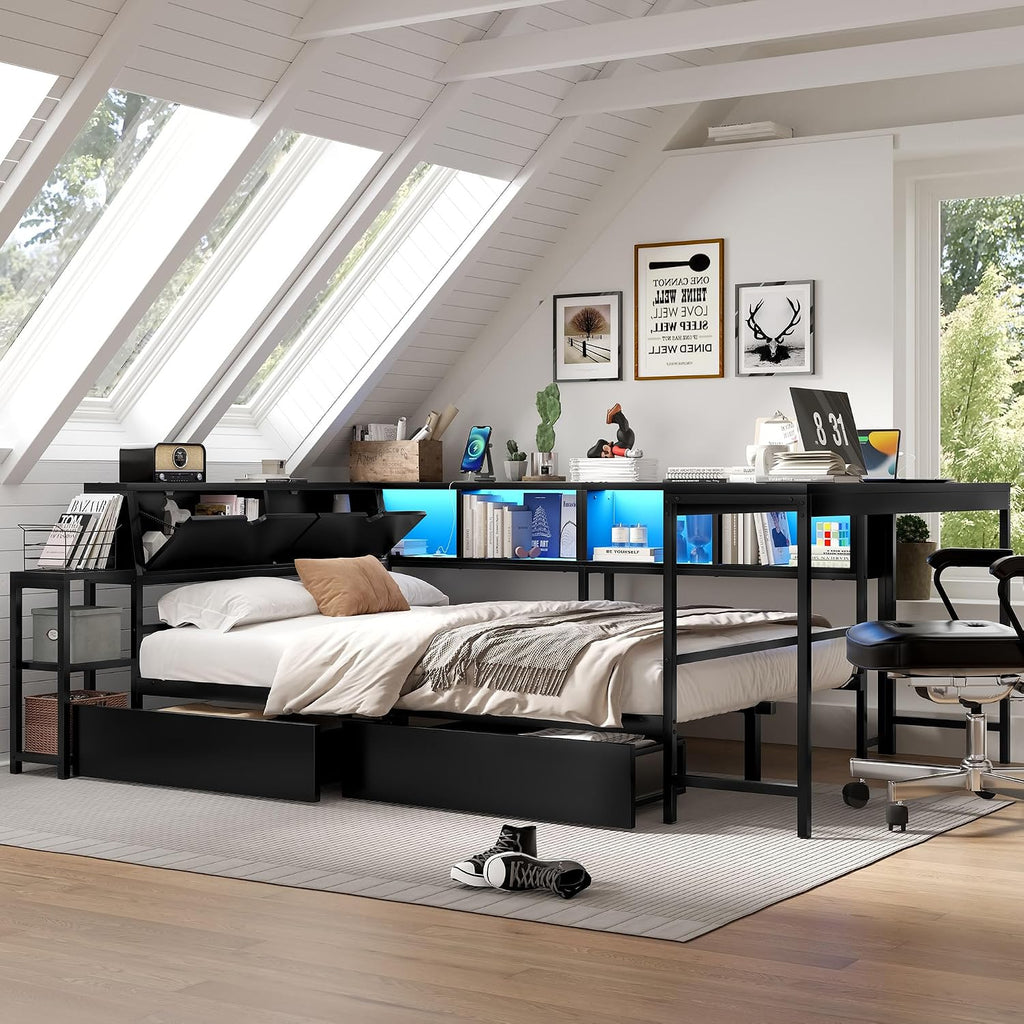 Full Corner Bed Frame with Storage Drawers, Modern Metal Day Bed Frame & L Shaped Bedframe with Led Lights/Charging Station/Bookcase/Desk (Black, Queen)