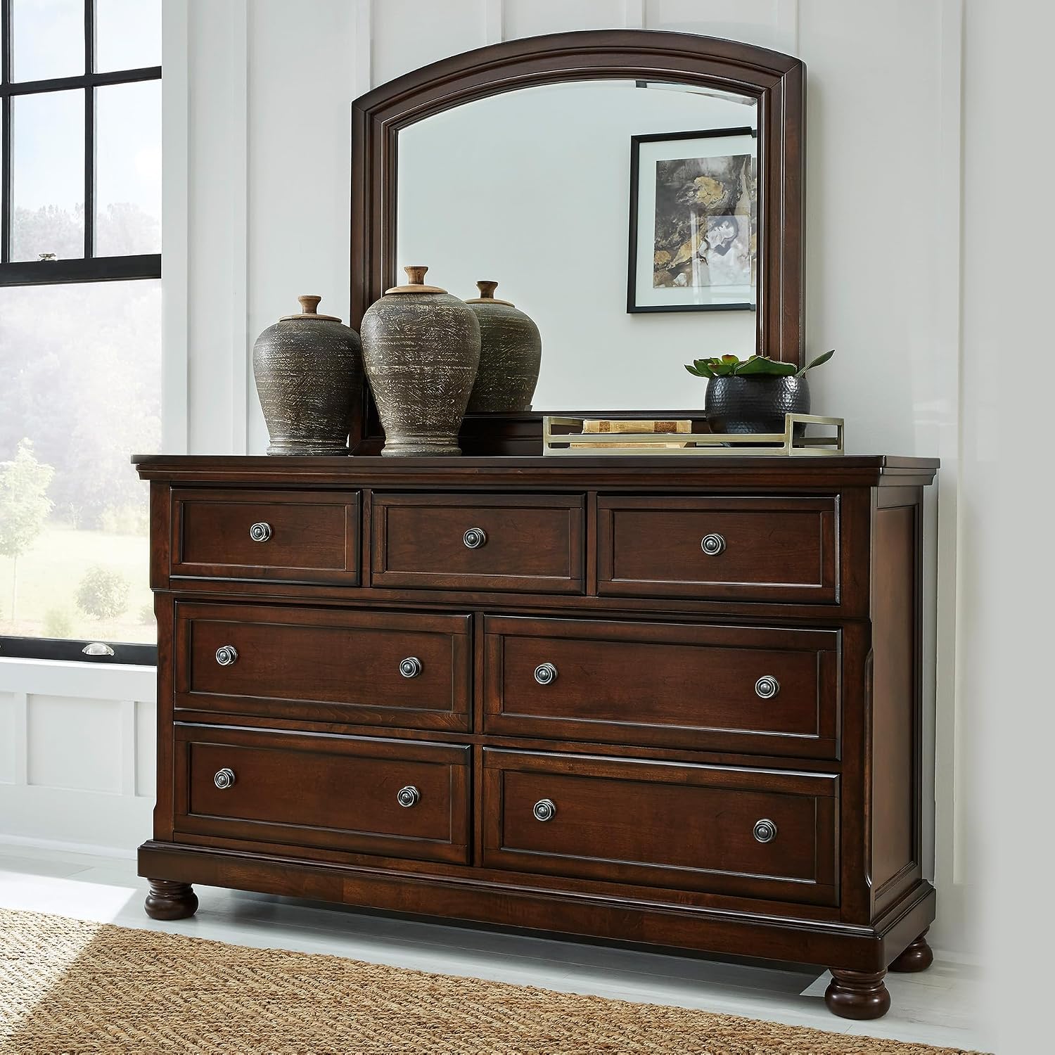Signature Design by Ashley Porter Traditional Smooth-Gliding 7-Drawer Dresser and Mirror with Safety Stop, Felt-Lined Top Drawers and Pull-Out Tray, Dark Brown