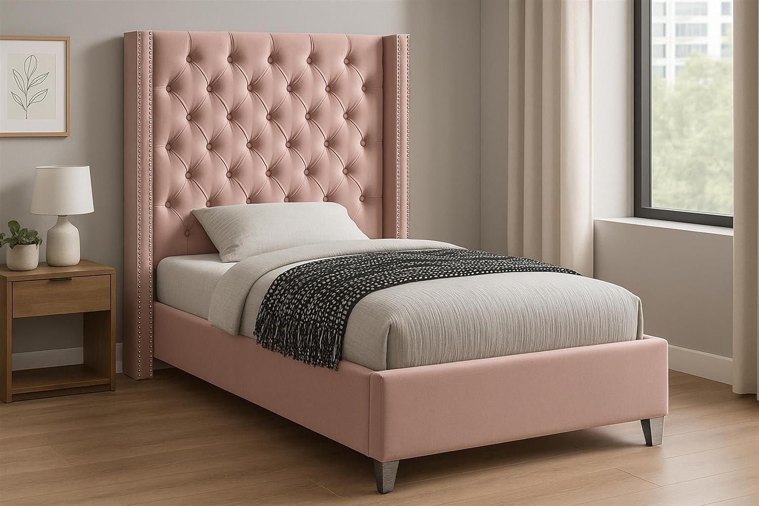 Meridian Furniture Aiden Collection Modern | Contemporary Velvet Upholstered Bed with Deep Button Tufting, Solid Wood Frame, and Custom Chrome Legs, Twin, Pink