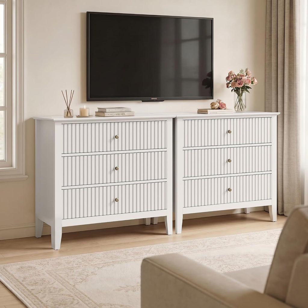 RoyalCraft White Fluted 3 Drawer Dresser, 32 inch Wide Dresser Nightstand for Bedroom, Modern Wood Chest of Drawers, Large Painted Nightstand with 3 Drawers for Closet, Hallway, Entryway