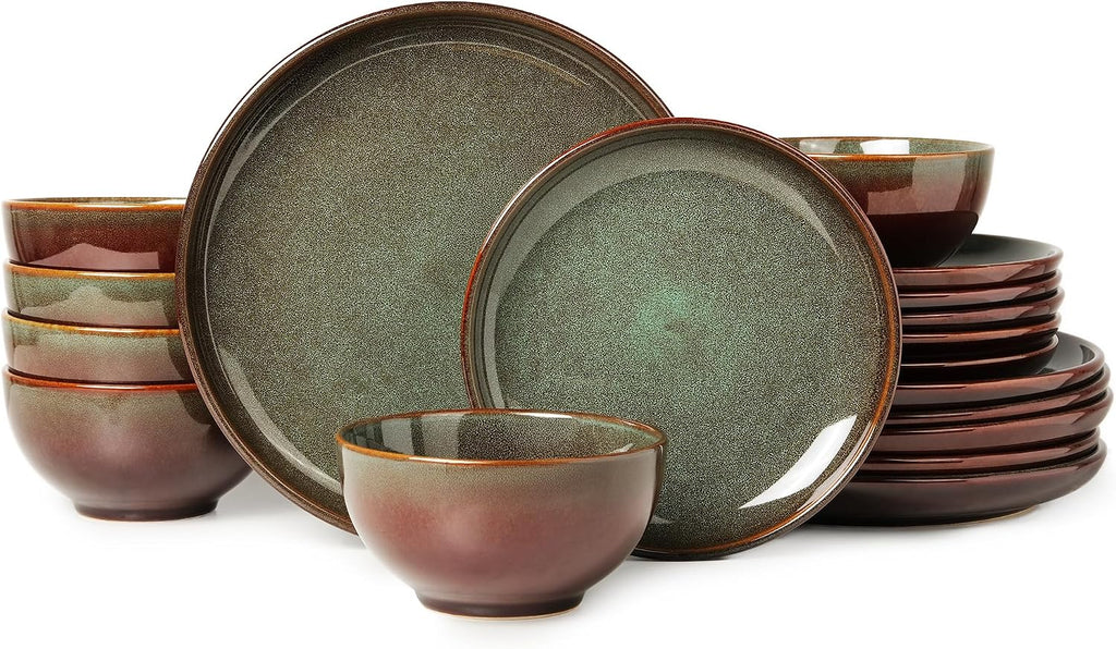 Pokini Stoneware Dinnerware Sets for 6, 18 Pieces Ceramic Plates and Bowls Sets, Chip and Scratch Resistant Dish Set, Dishwasher & Microwave Safe Plate Set, Brown Green