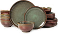 Pokini Stoneware Dinnerware Sets for 6, 18 Pieces Ceramic Plates and Bowls Sets, Chip and Scratch Resistant Dish Set, Dishwasher & Microwave Safe Plate Set, Brown Green