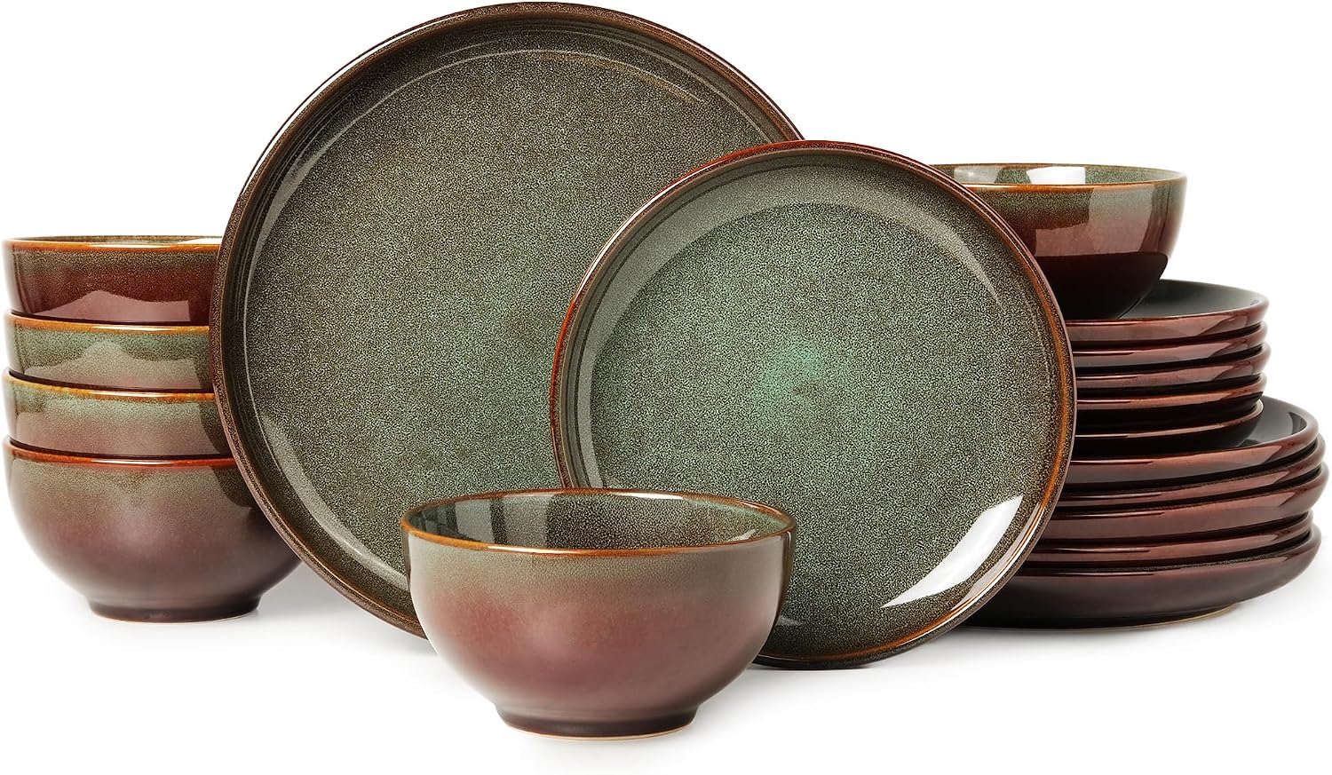Pokini Stoneware Dinnerware Sets for 6, 18 Pieces Ceramic Plates and Bowls Sets, Chip and Scratch Resistant Dish Set, Dishwasher & Microwave Safe Plate Set, Brown Green