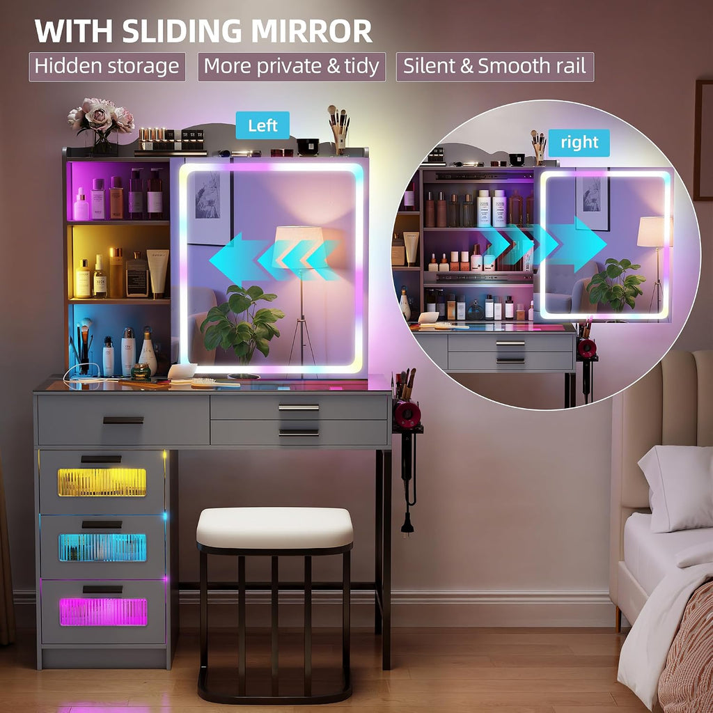 Glass Top Makeup Vanity Desk with RGB LED Light & Adjustable Mirror, Modern Makeup Dresser with Charging Station,Vanity Table Set with 6 Drawers & Hair Dryer Holder for Bedroom,Grey
