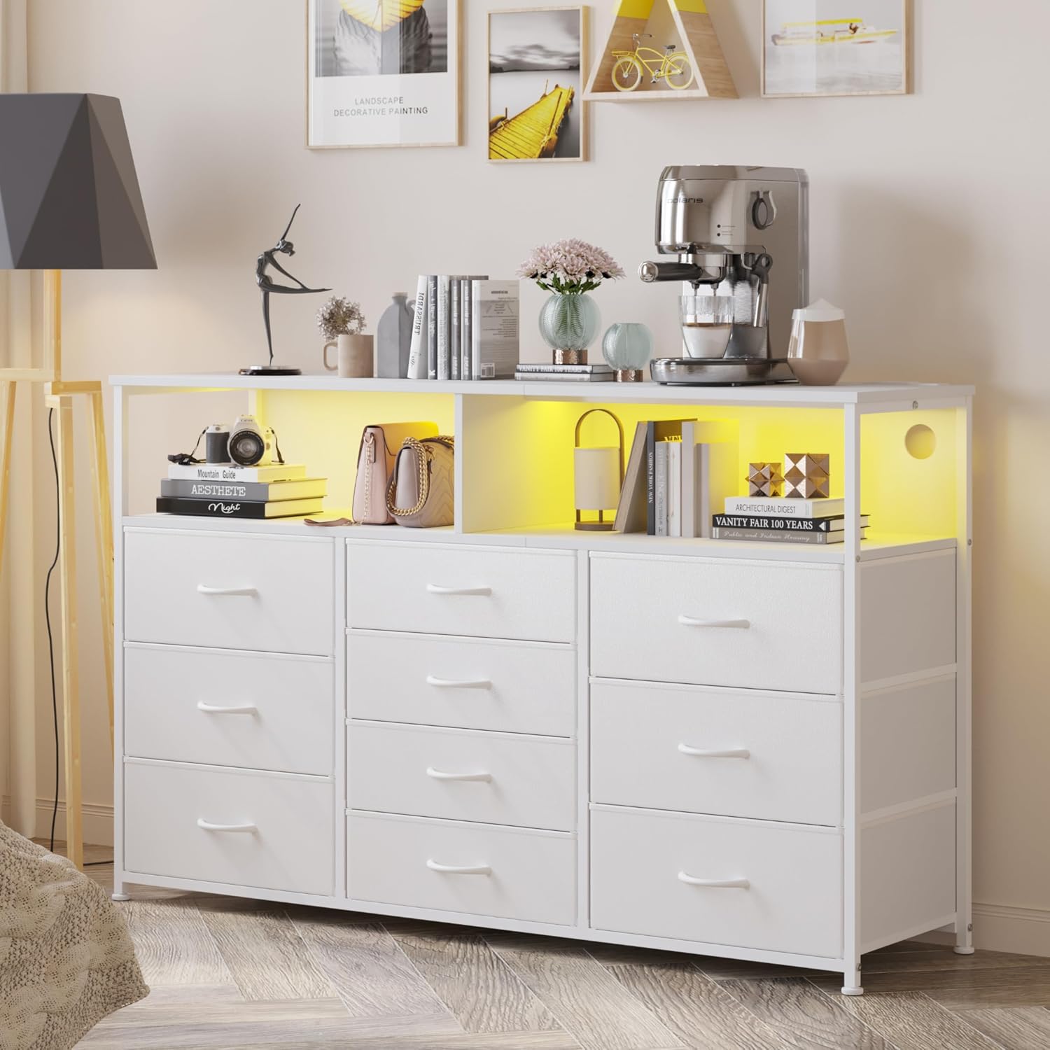 Unionly 55W 10-Drawers Dresser with 2 Open Storage Shelves, TV Stand Dresser for 55,65 inch TV，with Power Outlets and LED Lights, Fabric Dressers Drawers for Bedroom, Living Room (White)