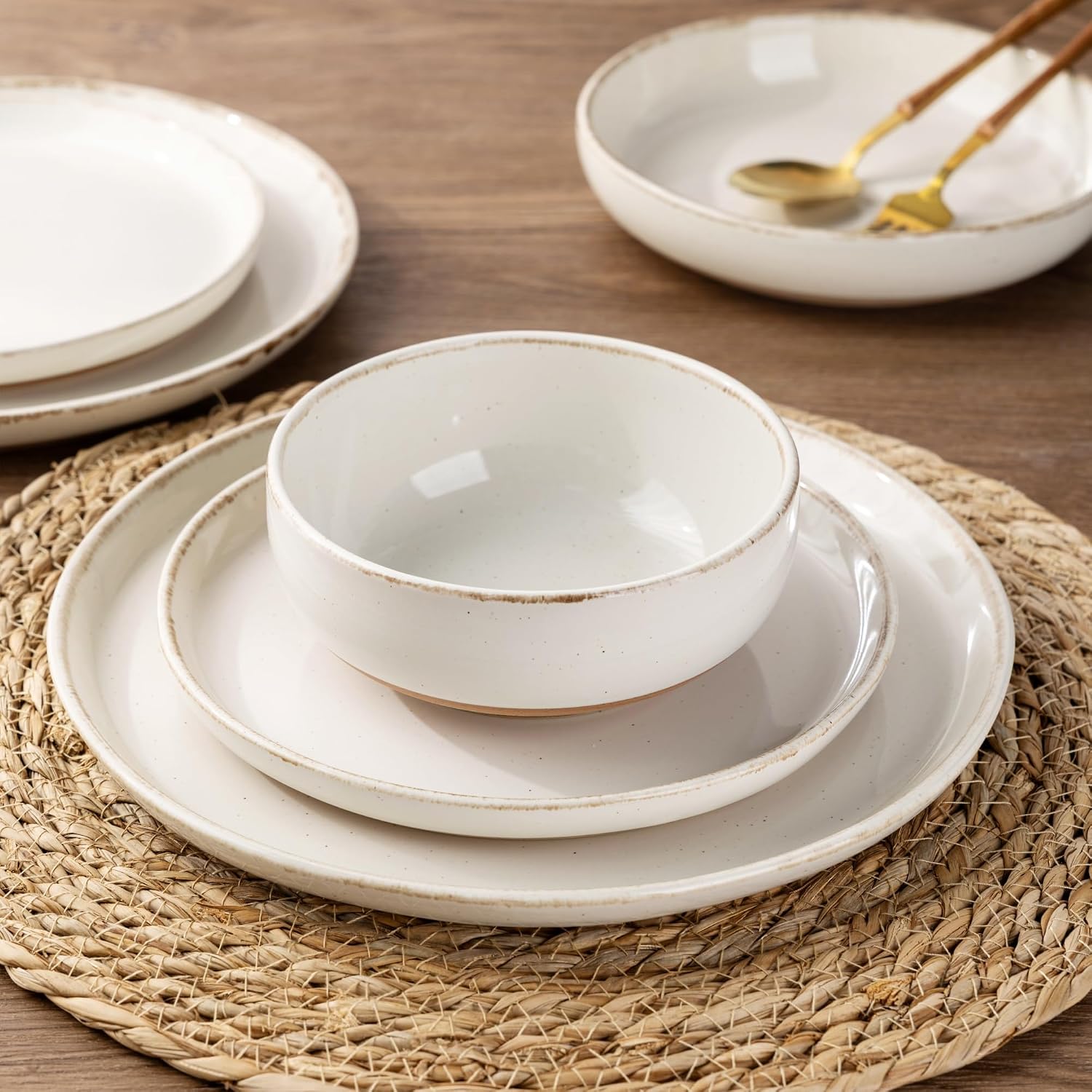 AmorArc 24 Pieces Ceramic Dinnerware Sets for 8, Handpainted Stoneware Plates and Bowls Set with Rustic Terracotta Underside, Scratch Resistant Dishes Set, Dishwasher & Microwave Safe