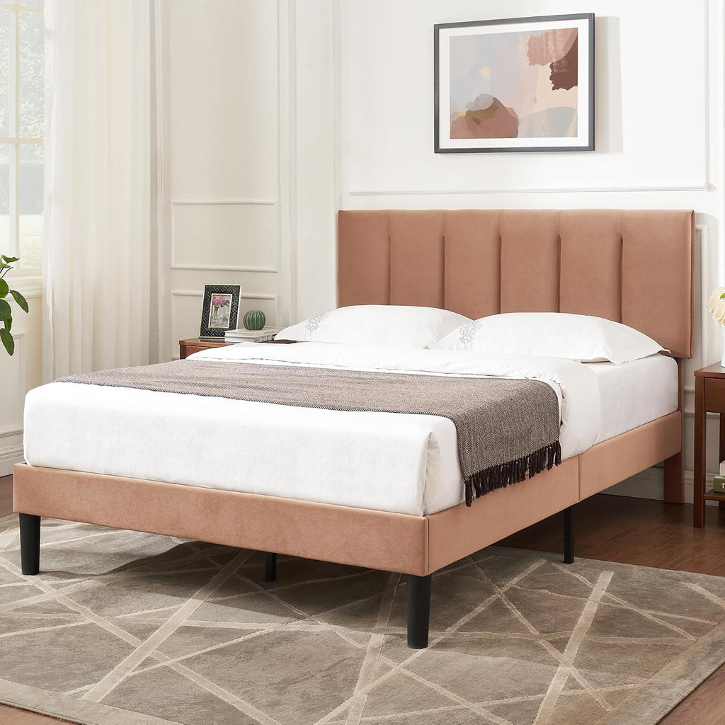 VECELO Full Size Bed Frame with Upholstered Headboard, Heavy-Duty Bedframe with Wooden Slats & Steel Framework, Easy Assembly, Coffee