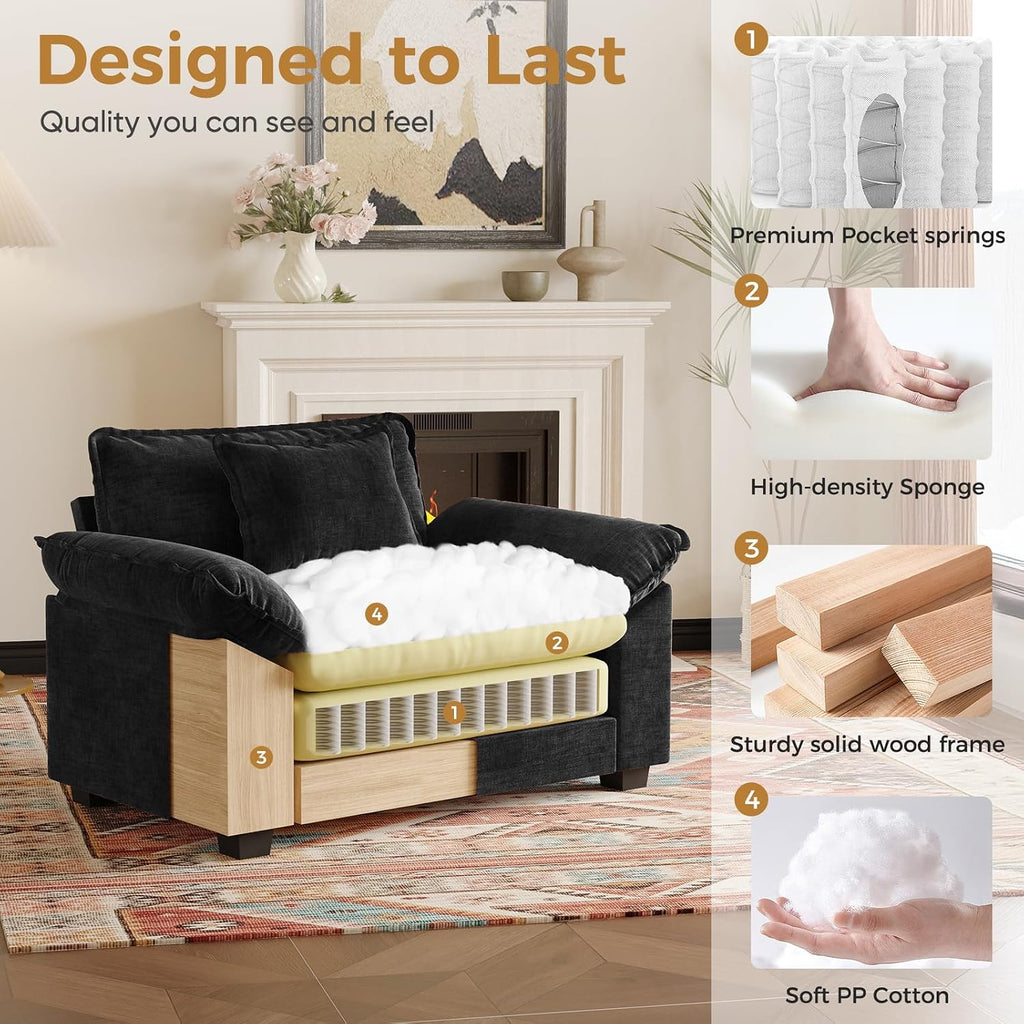 HUSFU Chenille Oversized Accent Chair, Cloud Sofa Chair with Deep Seat and Extra Wide Armrests, Comfy Reading Armchair for Bedroom, Living Room, Black