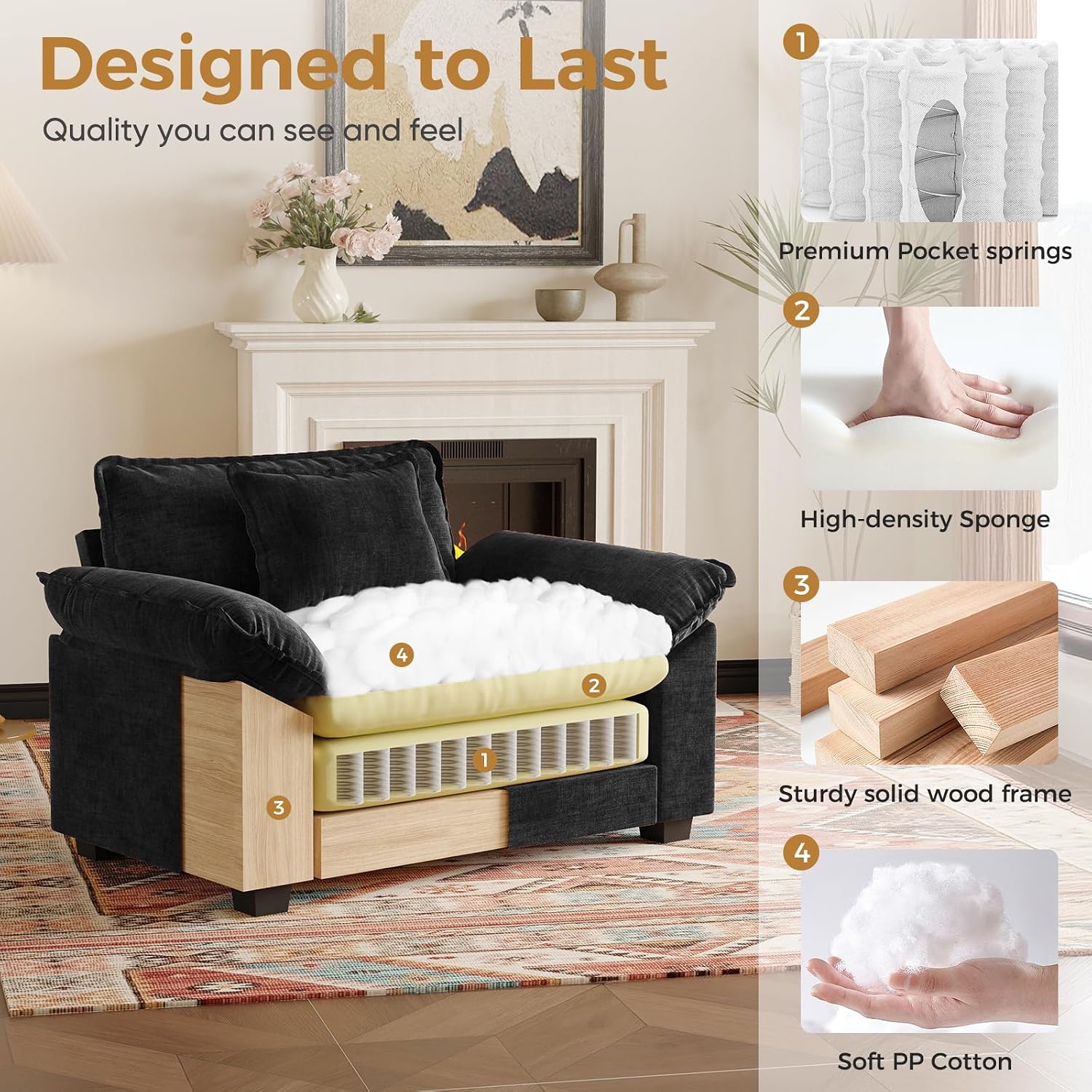 HUSFU Chenille Oversized Accent Chair, Cloud Sofa Chair with Deep Seat and Extra Wide Armrests, Comfy Reading Armchair for Bedroom, Living Room, Black