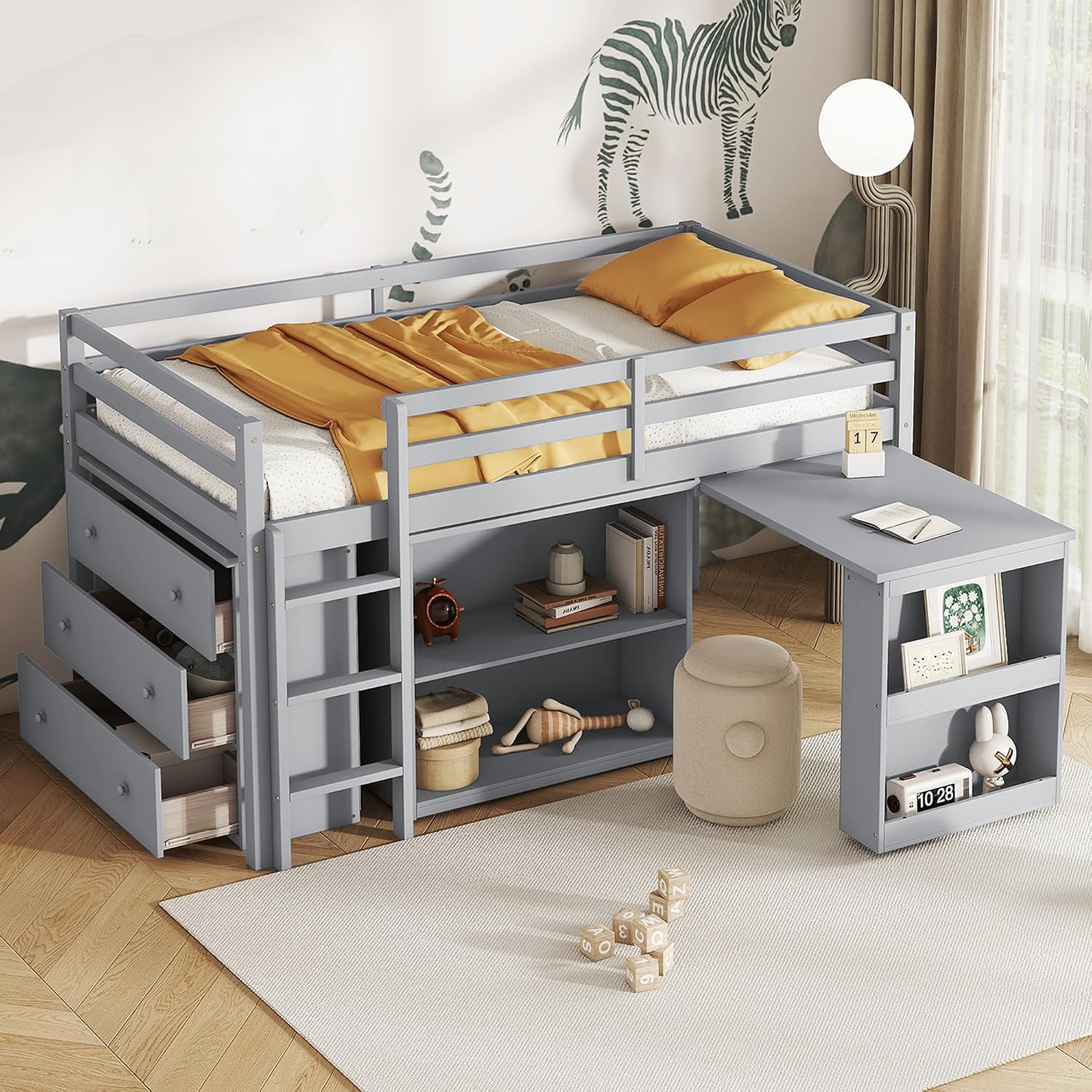 Twin Loft Bed, Multifunctional Loft Bed with Drawer Cabinet, Shelf Cabinet and Pulling-Out Desk, Flexible Under-bed Storage Space, Rubber Wood Loft Bed with Safety Guardrail and Ladder (Grey/261)
