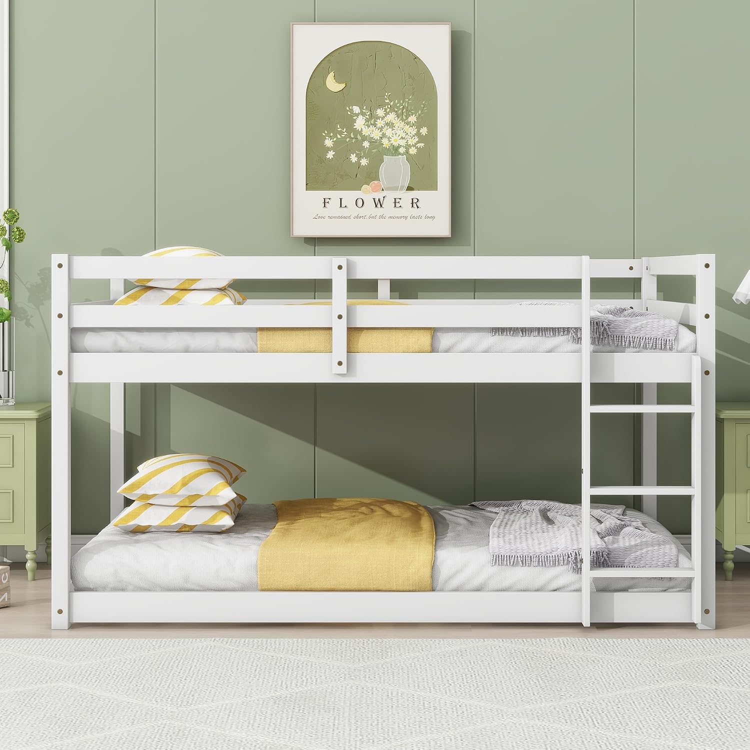 Ball & Cast Solid Rubber Wooden Twin Over Twin Bunk Bed with Ladder and Full Length Guardrail,Low Bunkbed w/Slat Support,Bedroom Furniture for Girls Boys,White