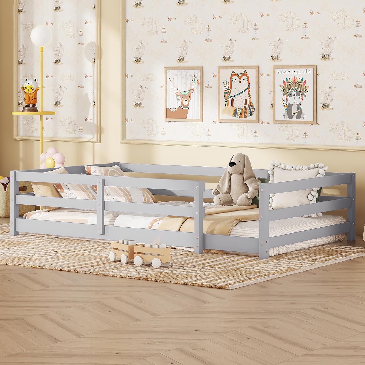 Modern Classic Full Size Bed Frame with Fence, Sturdy Wood Montessori Floor Bed for s, Boys, Girls, Dorm, Bedroom, House, Easy to Assemble, Noise-Free Design, No Box Spring Needed,Grey-TWI