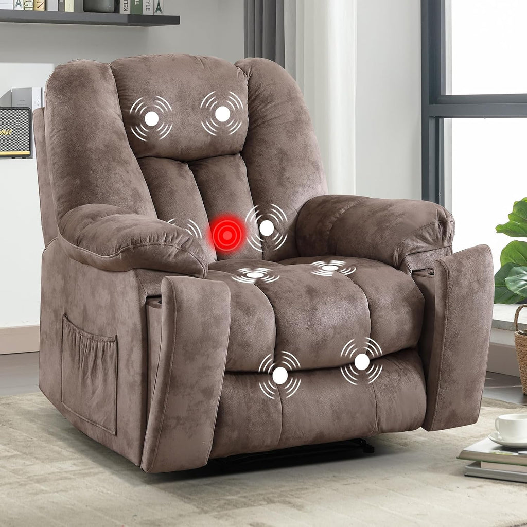 EBELLO Manual Recliner Chair with Massage and Heat, Soft Fabric Massage Recliner for Adults with Hidden Cup Holders, Side Pocket, Overstuffed Single Reclining Sofa for Living Room, Brown