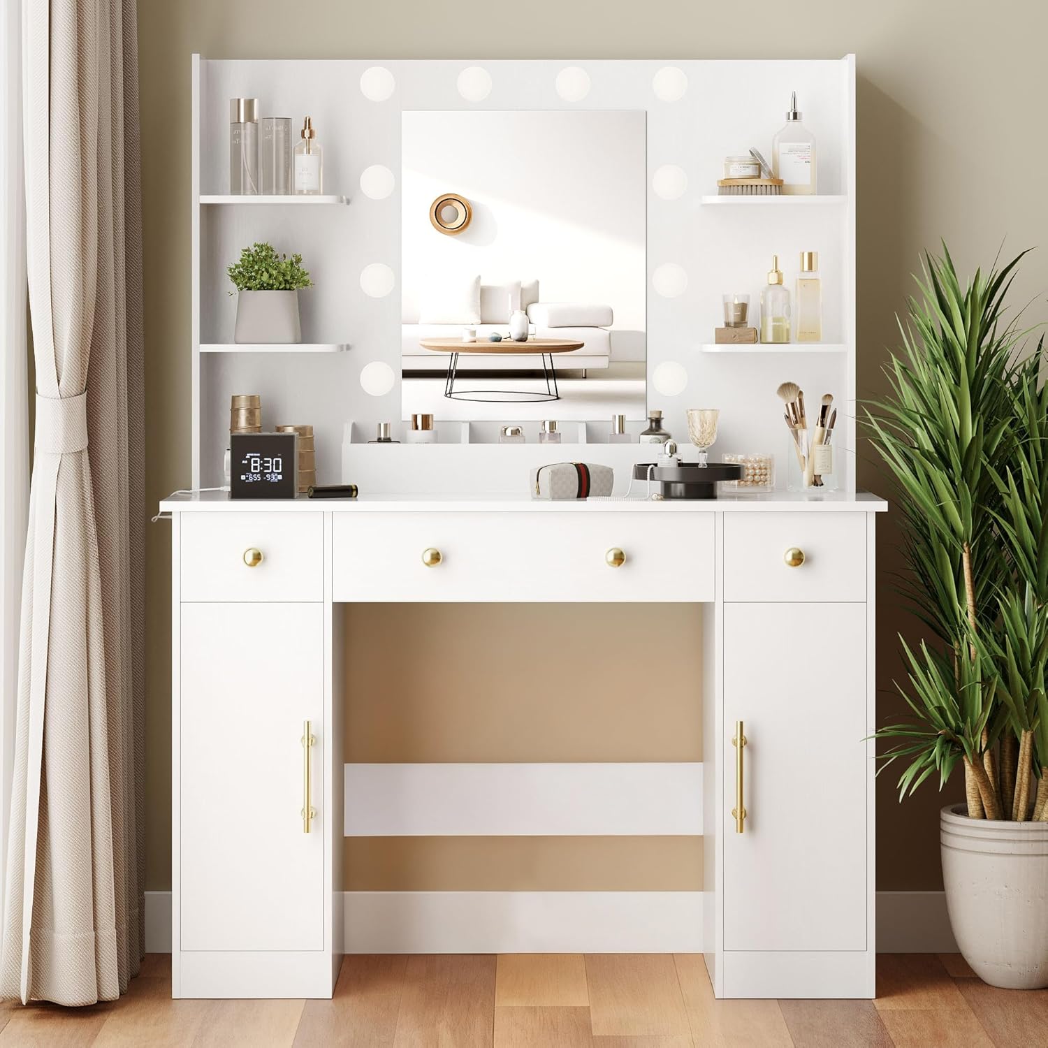 Wodeer Makeup Vanity Desk with Mirror and Lights, 43' White Vanity Set with 3 Drawers, Power Outlet & Adjustable RGB LED Lights, Dressing Table with Storage Shelf for Women & Girls Bedroom