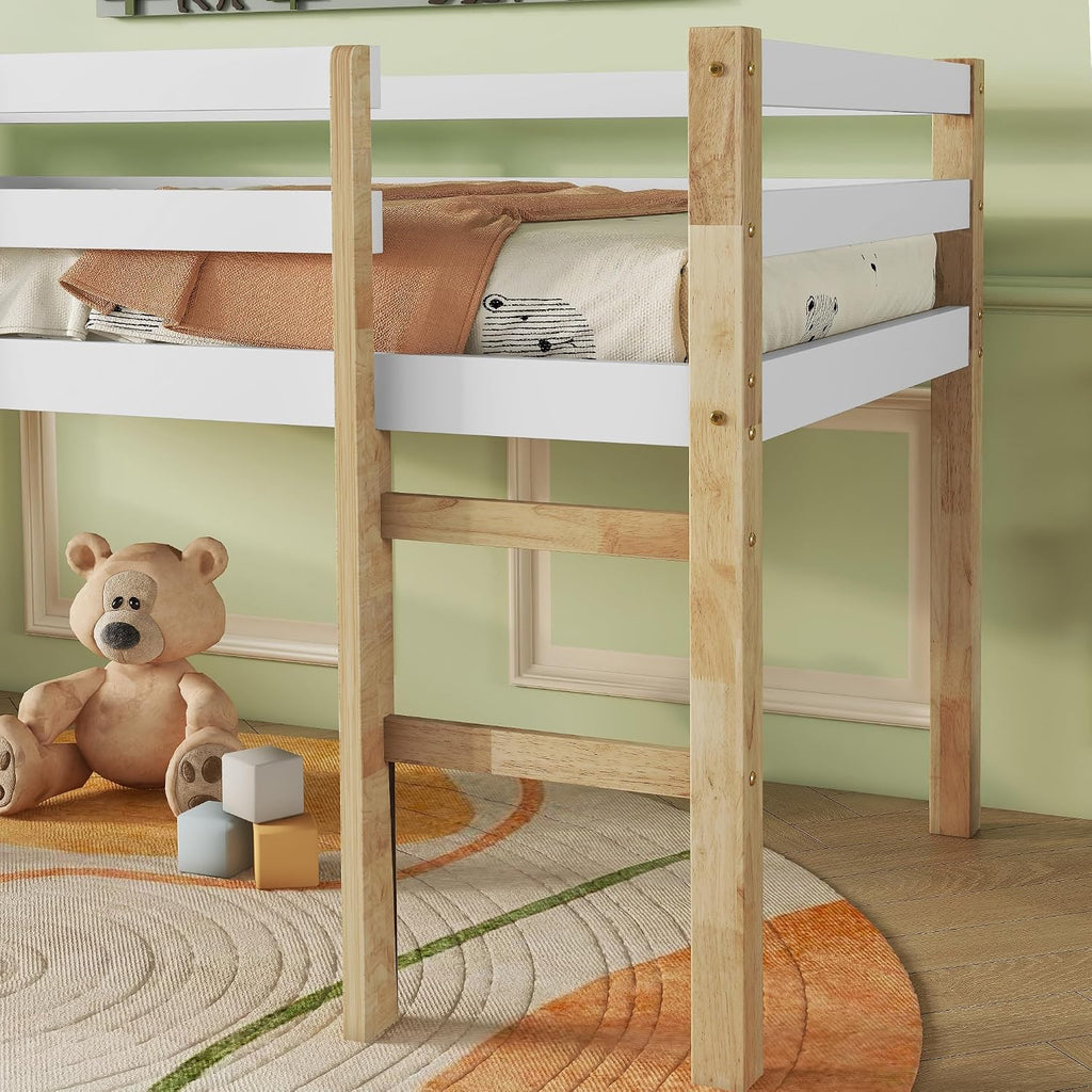 JIVOIT Solid Wooden Twin Loft Bed with Ladder, Rubber Wood Bed Frame with Ladder, Platform of Strengthened Slats, Low Height Design Loft Bed, No Box Spring Needed