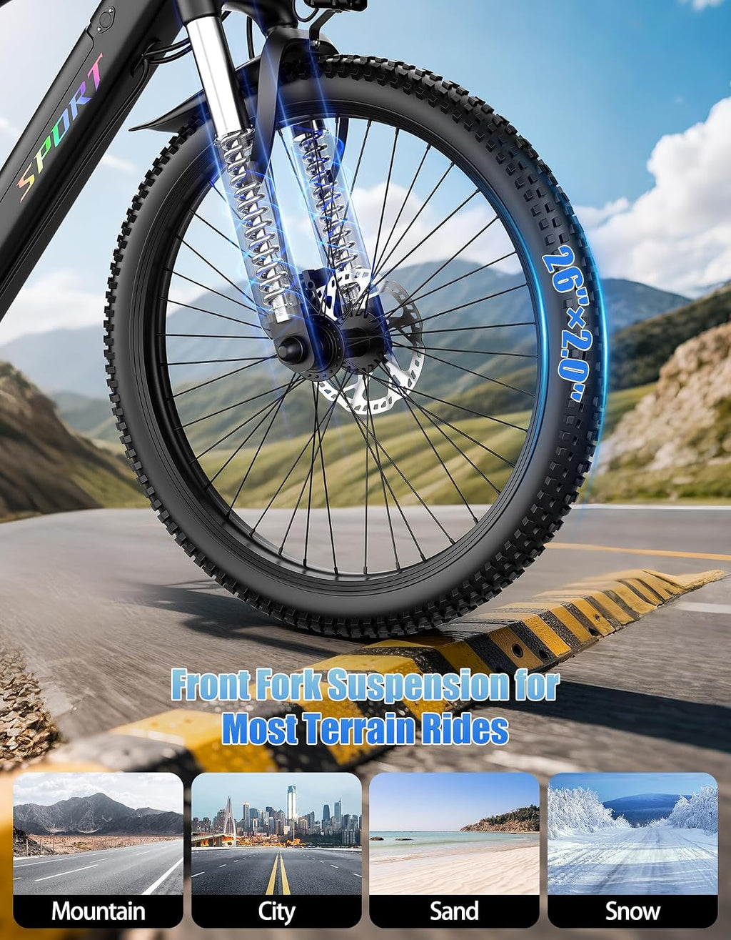 Electric Bike for Adults, 1500W Peak E-bike with 48V 12Ah Removable Battery, 26' Tires Electric Mountain Bike, Up to 65 Miles 25MPH, 7-Speed Ebike, Electric Bicycle for Commute, Front Fork Suspension