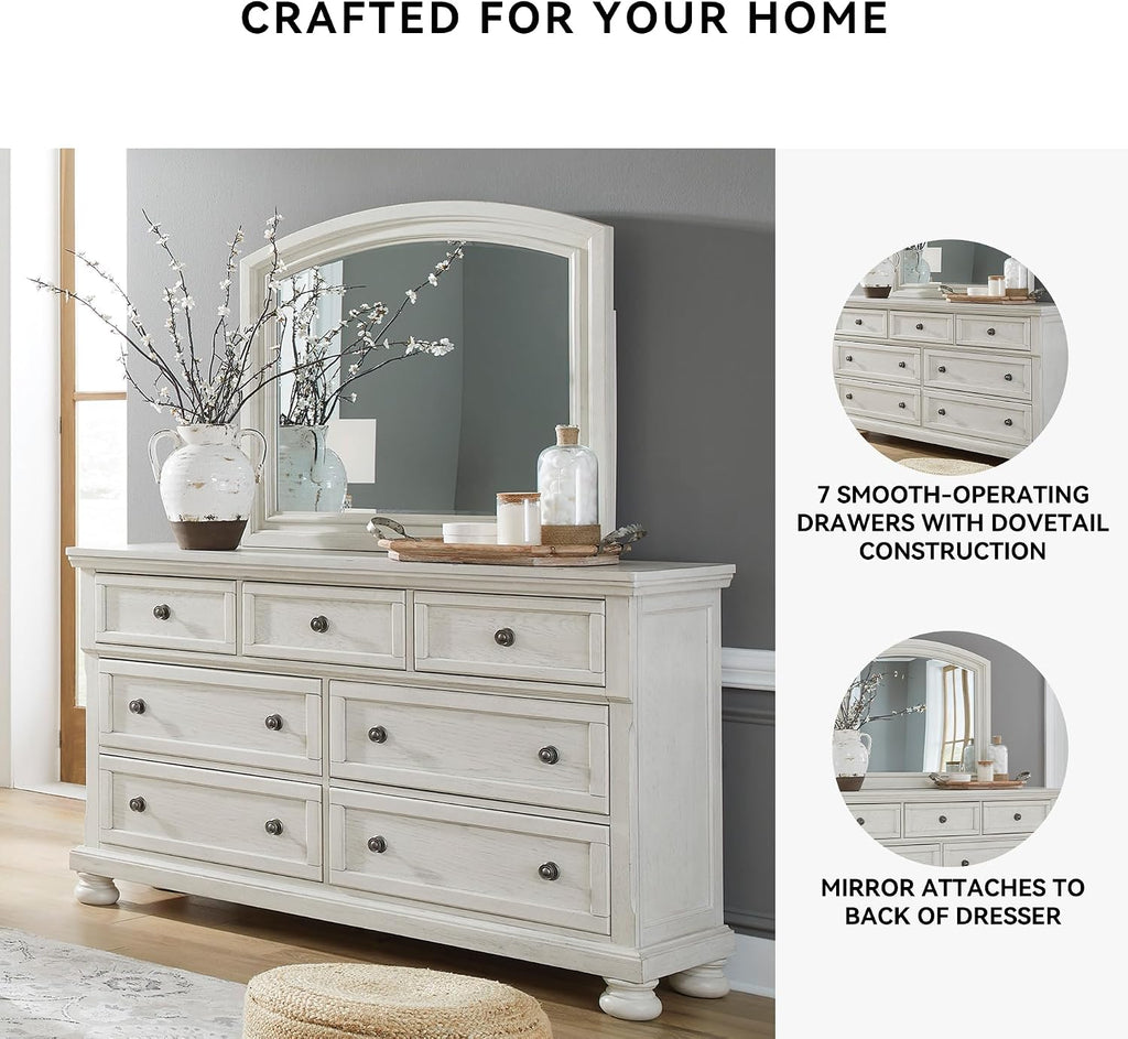 Signature Design by Ashley Robbinsdale Casual Smooth-Gliding 7-Drawer Dresser and Mirror with Safety Stop, Felt-Lined Top Drawers and Pull-Out Tray, White