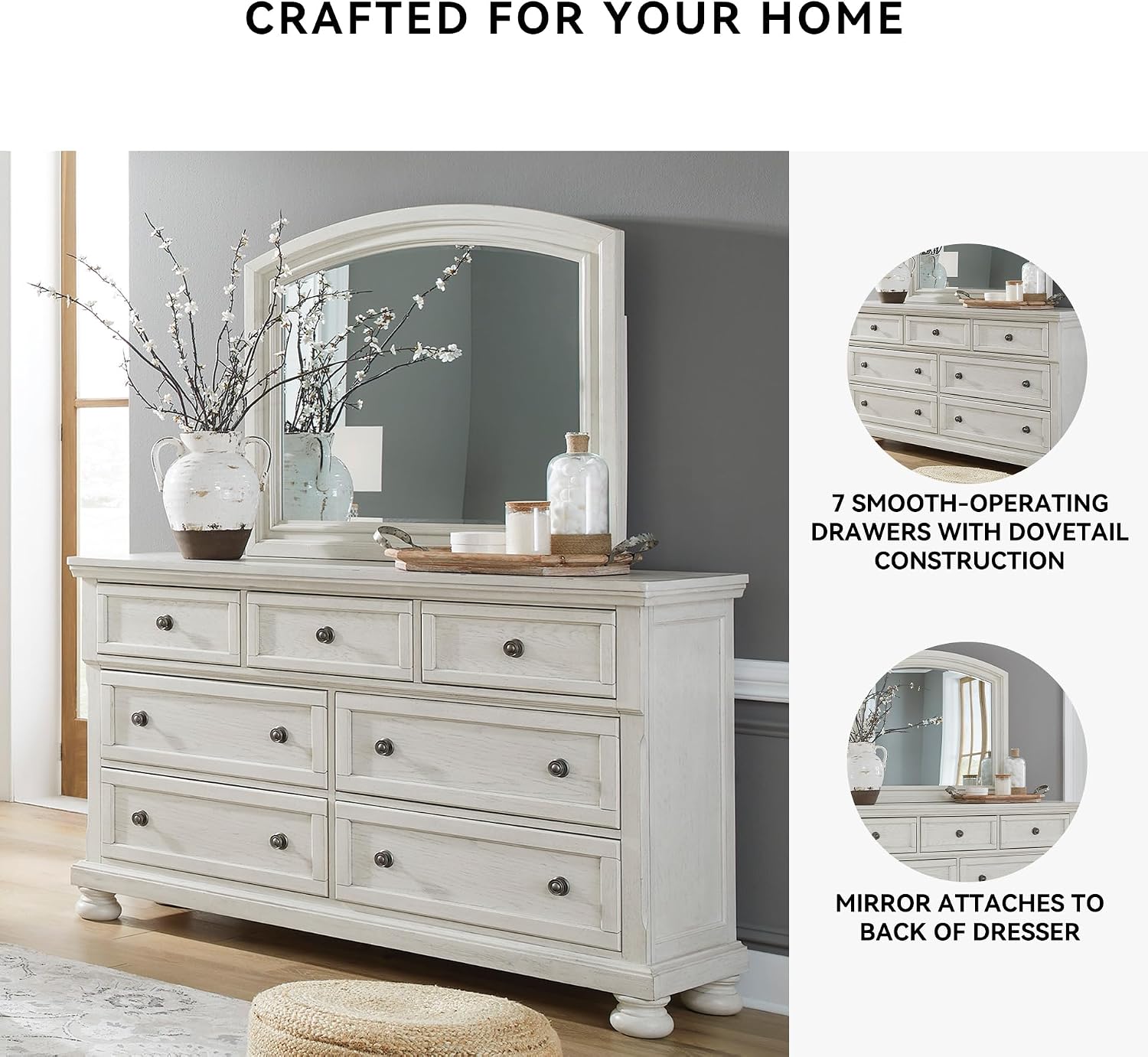 Signature Design by Ashley Robbinsdale Casual Smooth-Gliding 7-Drawer Dresser and Mirror with Safety Stop, Felt-Lined Top Drawers and Pull-Out Tray, White