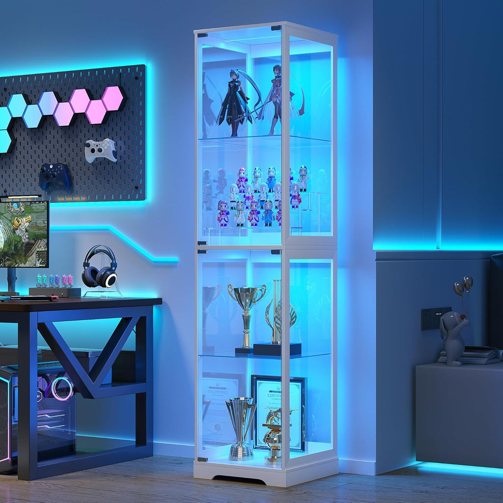 Glass Display Cabinet with Doors, 65' Tall 4-Tier Curio Display Case with 3 Color Lights and Human Body Sensor, Bookcase for Collectibles, White
