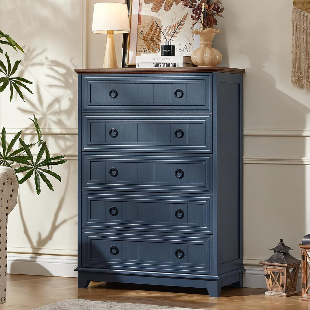 Joaxswe Farmhouse 5 Drawer Dresser for Bedroom Set of 2, 42' Tall Small Dressers & Chest of Drawers, Rustic Wood Dresser with Metal Handle, Storage Organizer Closet for Living Room, Hallway,Entryway