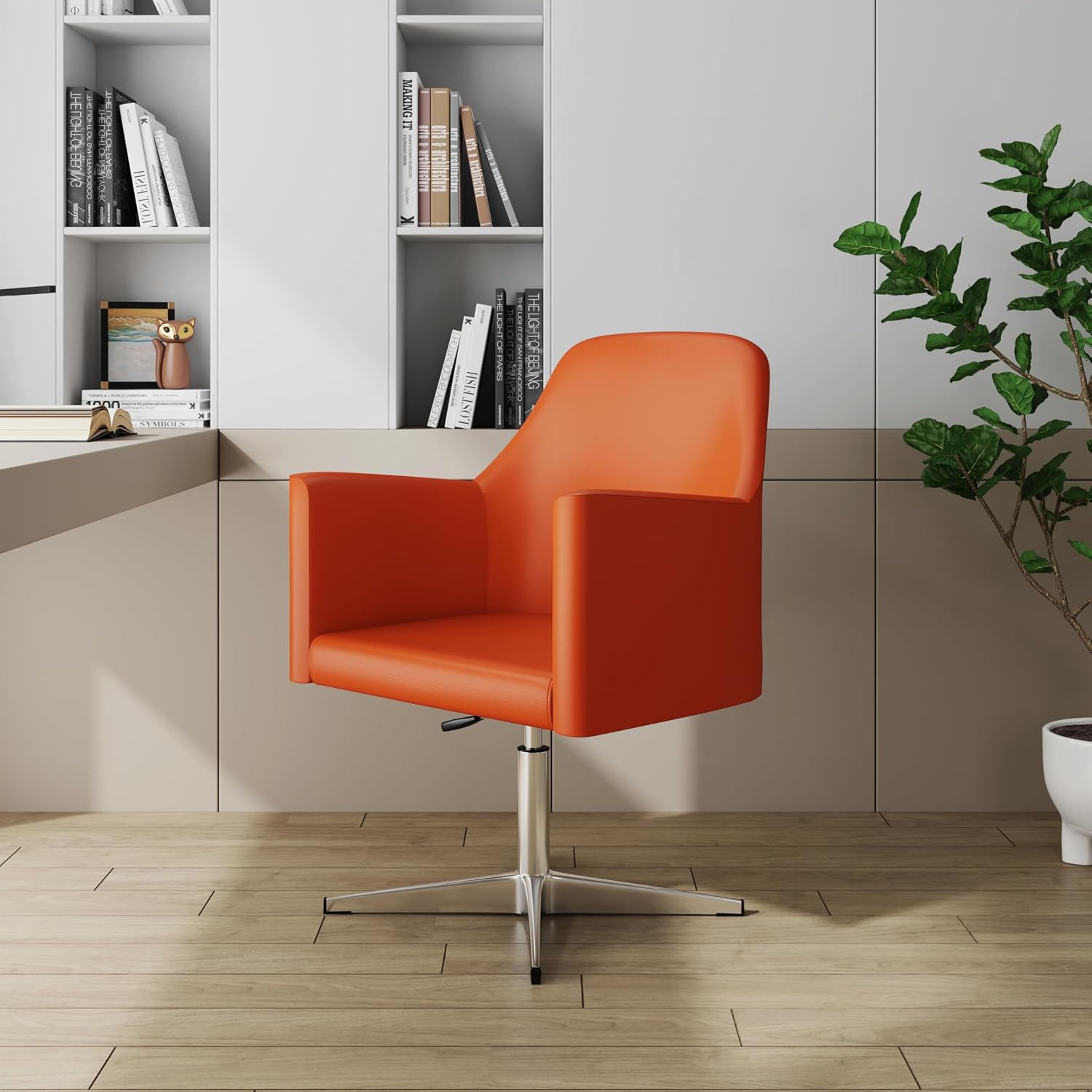 Manhattan Comfort Pelo Modern Swivel Accent Chair with 360° Turn, Adjustable Height, Faux Leather Upholstery & Chrome Base, Unique Tight Welded Construction, Set of 1, Orange