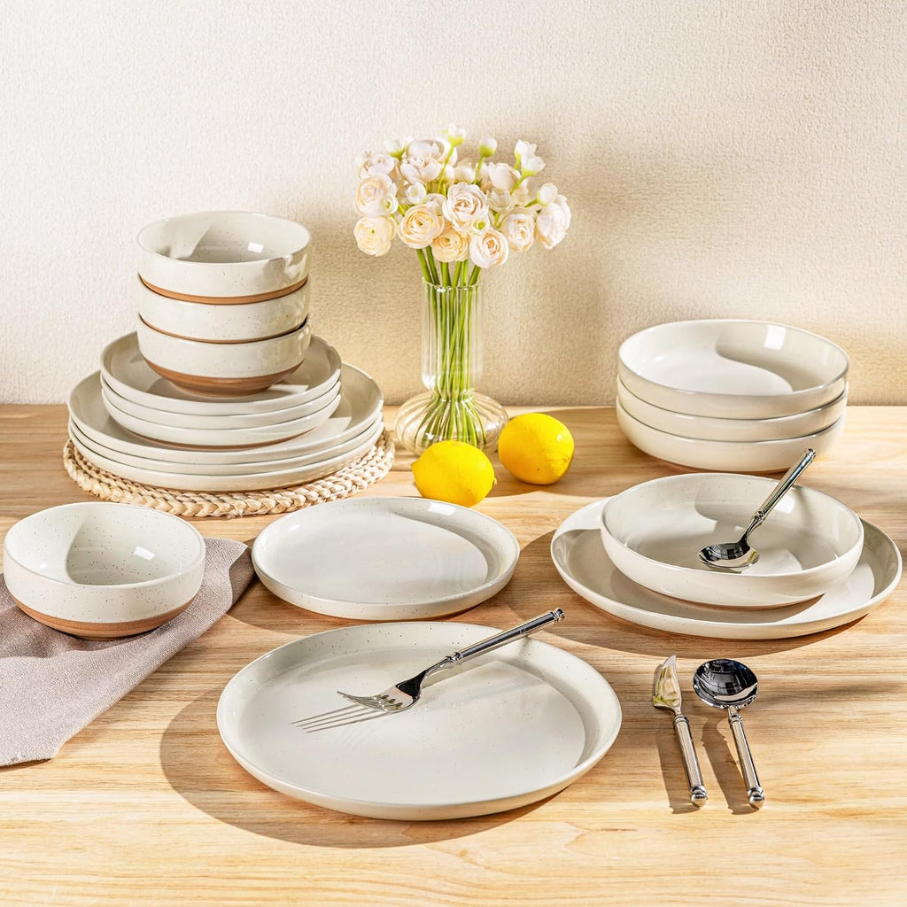 AmorArc Ceramic Dinnerware Sets with Pasta Bowls for 6, Handpainted Plates and Bowls Set with Rustic Terracotta Underside, Scratch Resistant Dishes Set, Dishwasher & Microwave Safe, 24 Pcs