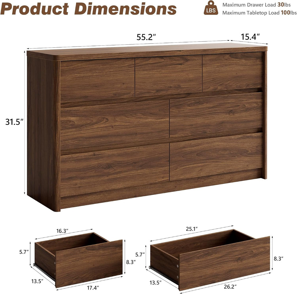 3 Pieces Bedroom Set, 55 Inch Width 7-Drawer Dresser & 2-Drawer Nightstands Set of 2,Nightstand with USB Nightstand with USB&Type C Charging Station&Outlets,Modern Design for Bedroom, Walnut