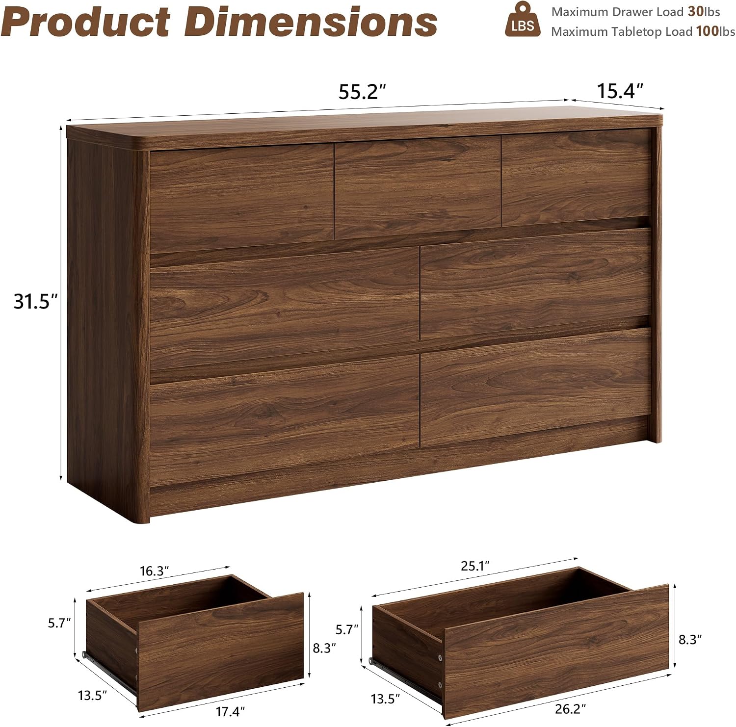 3 Pieces Bedroom Set, 55 Inch Width 7-Drawer Dresser & 2-Drawer Nightstands Set of 2,Nightstand with USB Nightstand with USB&Type C Charging Station&Outlets,Modern Design for Bedroom, Walnut