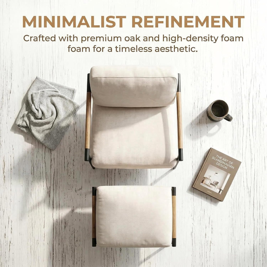 DUOMAY Mid Century Modern Accent Chair with Ottoman Set, Chenille Beige Upholstered Living Room Chair with Metal Legs Lazy Lounge Chair Set with Footrest for Bedroom Living Room