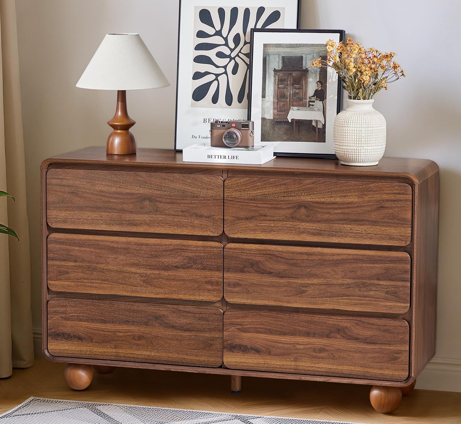 AVZEAR Modern 6 Drawer Dresser for Bedroom, 48' Wide Wooden Dresser Chest of Drawers, Handle Free & Curved Profile Design, Mid Century Closet Clothes Storage Organizer for Living Room, Walnut