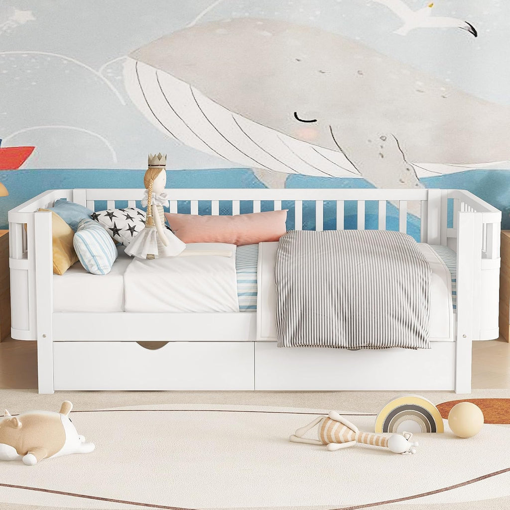 Harper & Bright Designs Twin Size Low Platform Bed Frame, Daybed with Fence and Drawers, Low Profile Bed for Bed Room, White