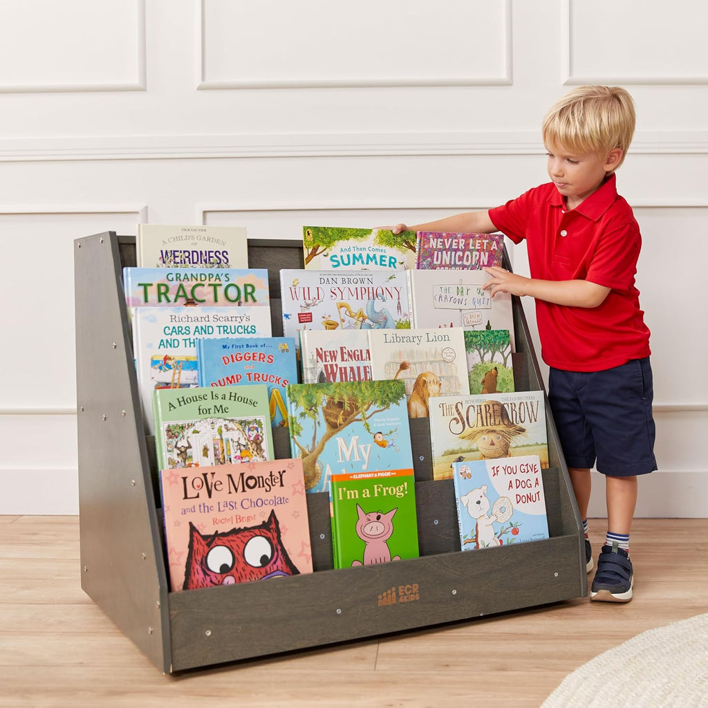 ECR4Kids Double-Sided Mobile Book Display with Storage Shelves, Classroom Bookshelf, Grey Wash