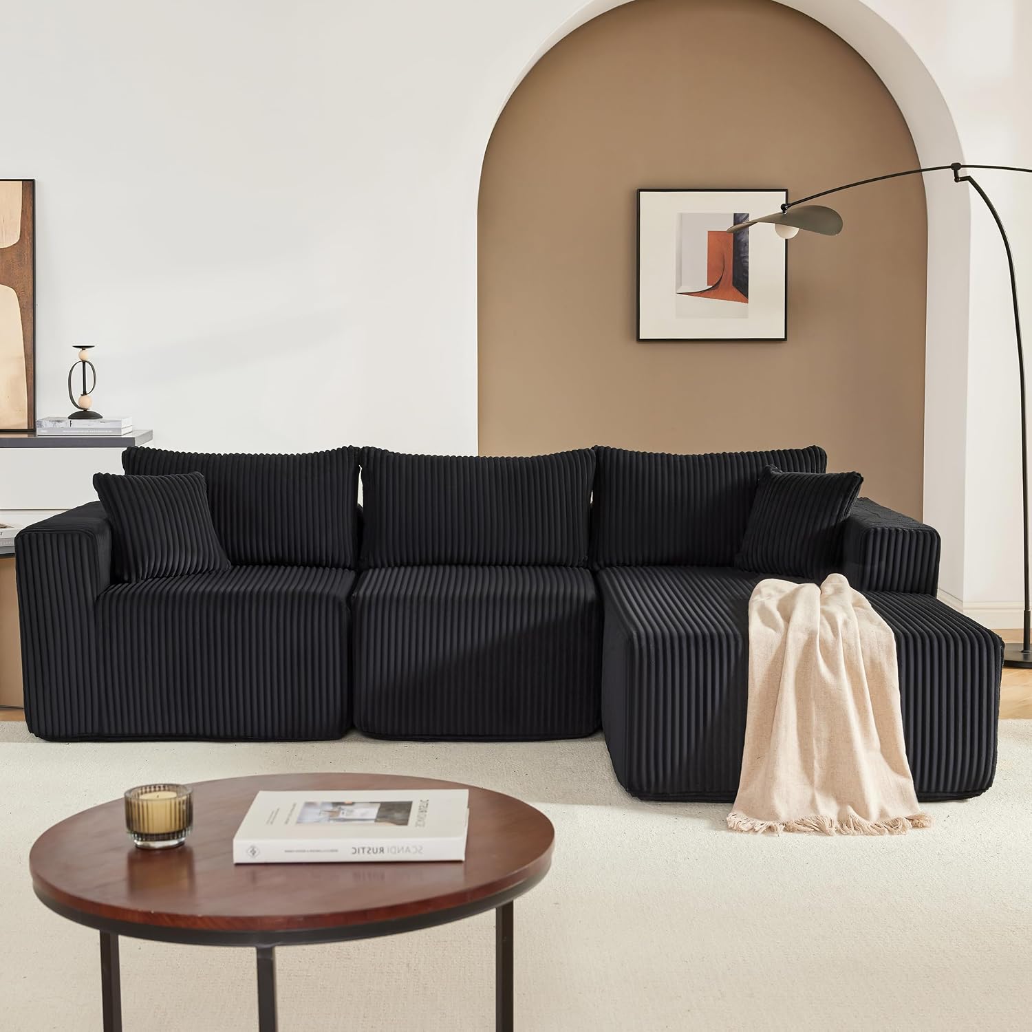 97' Boneless Couches for Living Room, Cloud Couch Sectional with Deep Seat, Comfy Couch with L-Shaped Chaise, Minimalist Upholstered Modular Sectional Sofa, No Assembly (Corduroy,Black)