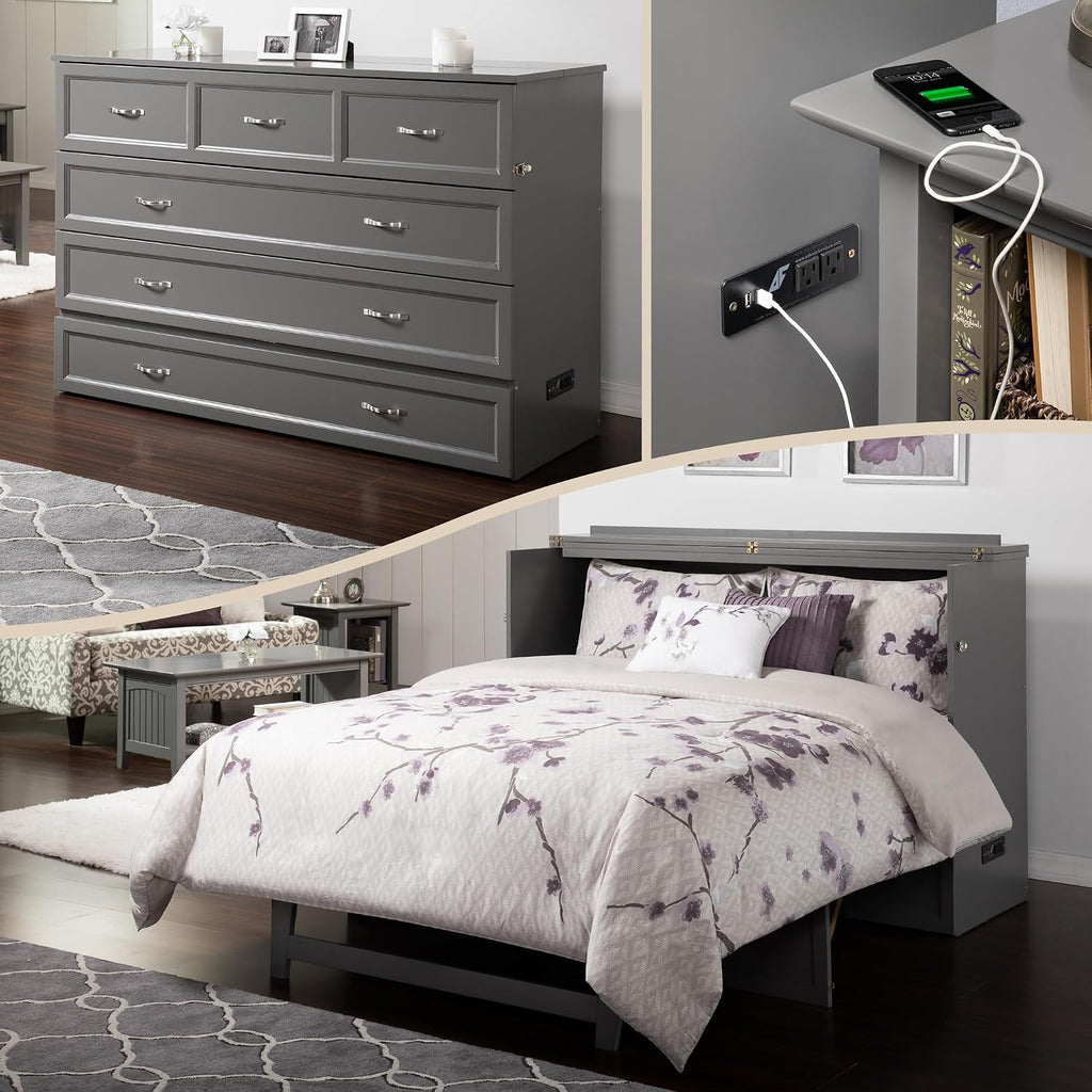 AFI Deerfield Murphy Bed Chest with Charging Station, Queen, Grey