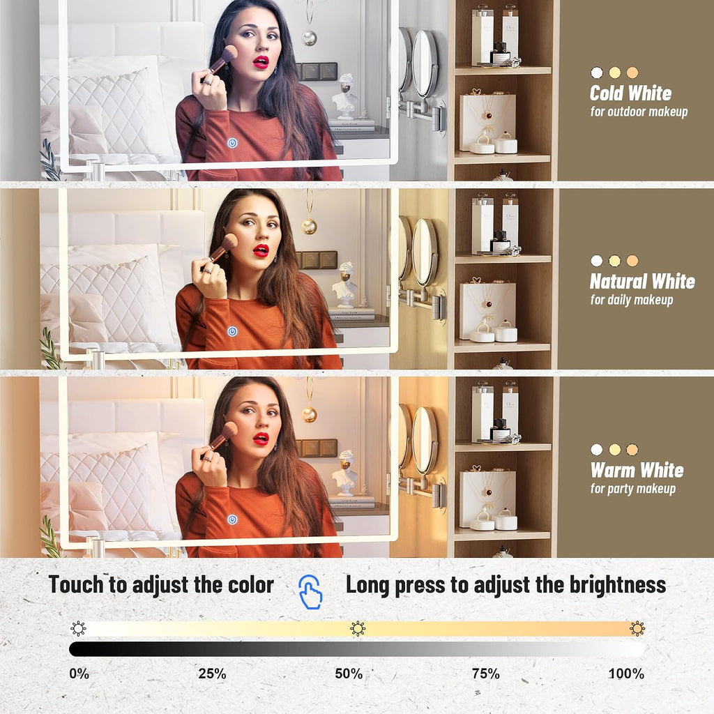 Vanity Desk with Mirror Lights, 41 Inch Makeup Vanity Table 10x Magnifying Mirror Charging Station Drawers Shelves Cabinet Adjustable 3 Color Brightness Dressing Table for Bedroom (Oak)