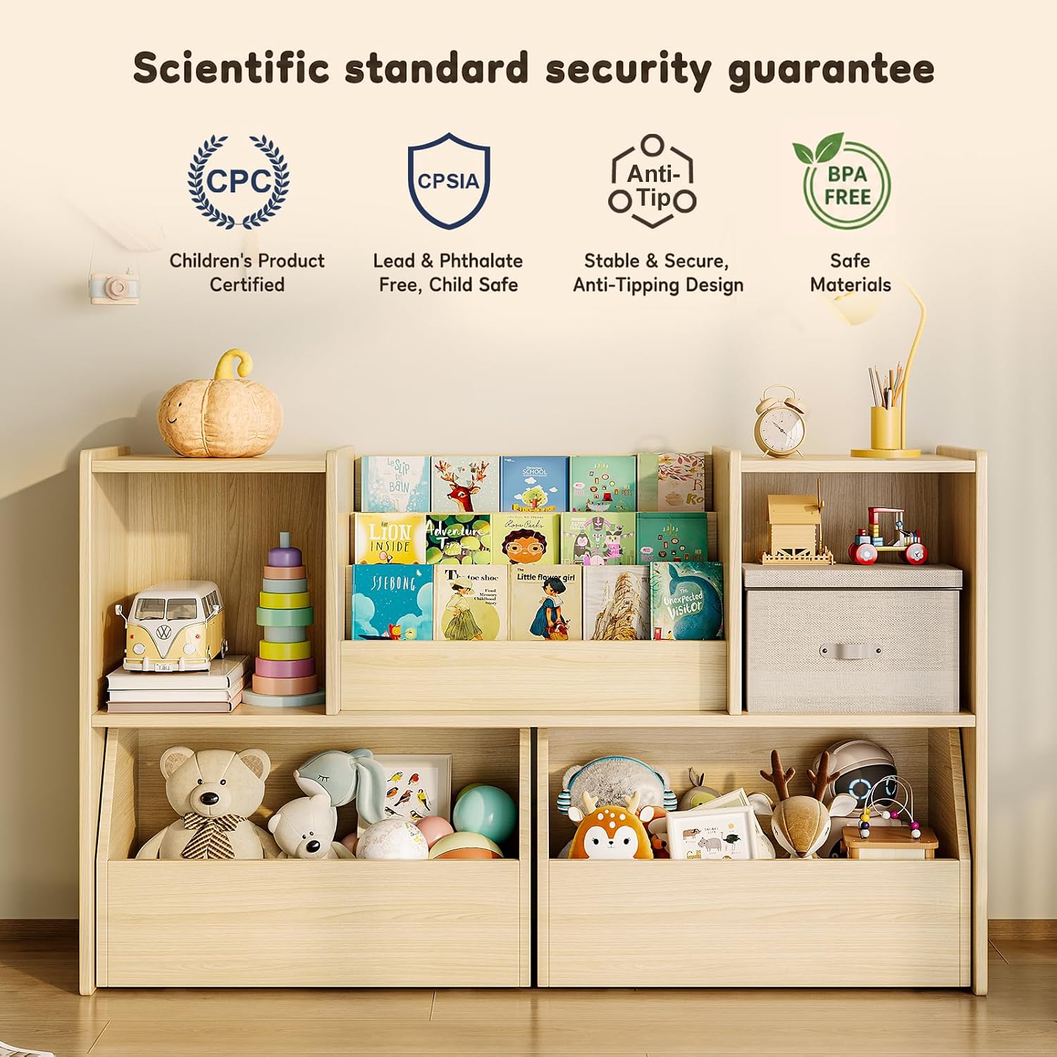 EXPERLAM Solid Wood Kids Bookshelf and Toy Storage Organizer, 3-in-1 Montessori Bookcase with Storage Cubbies and 2 Rolling Toy Bins, Toddler Bookshelf for Kids Room, Playroom, Nursery