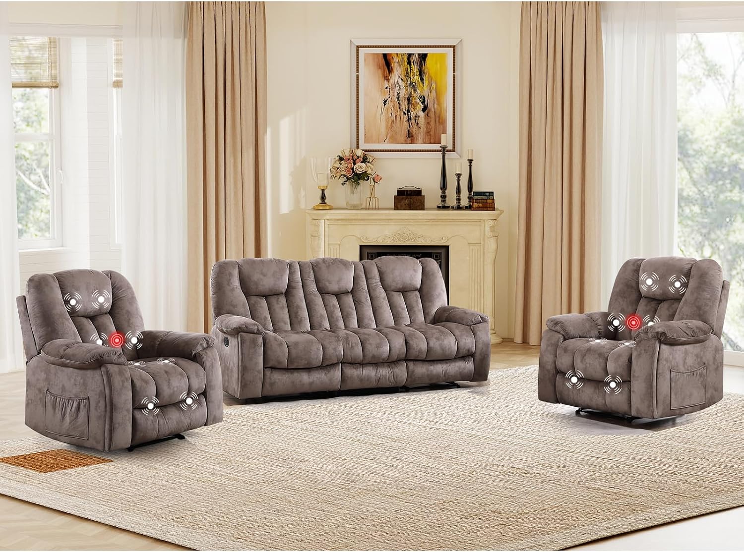 EBELLO Reclining Living Room Set, Soft Fabric Manual Recliner Sofa Furniture Set, Includes 2 Recliner Chairs with Massage and Heat and 3 Seat Sofa, Light Brown