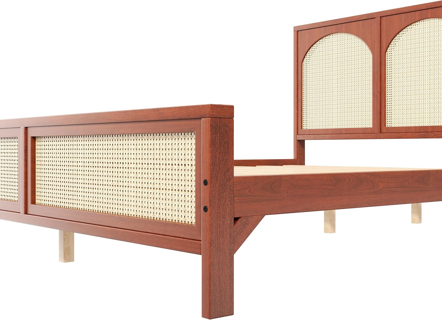 JIVOIT Queen Size Platform Bed with Rattan Headboard and Footboard, Wood Platform Bed Frame with Wood Slats Support, No Box Spring Needed, Easy Assembly (Walnut+Beige,Queen)