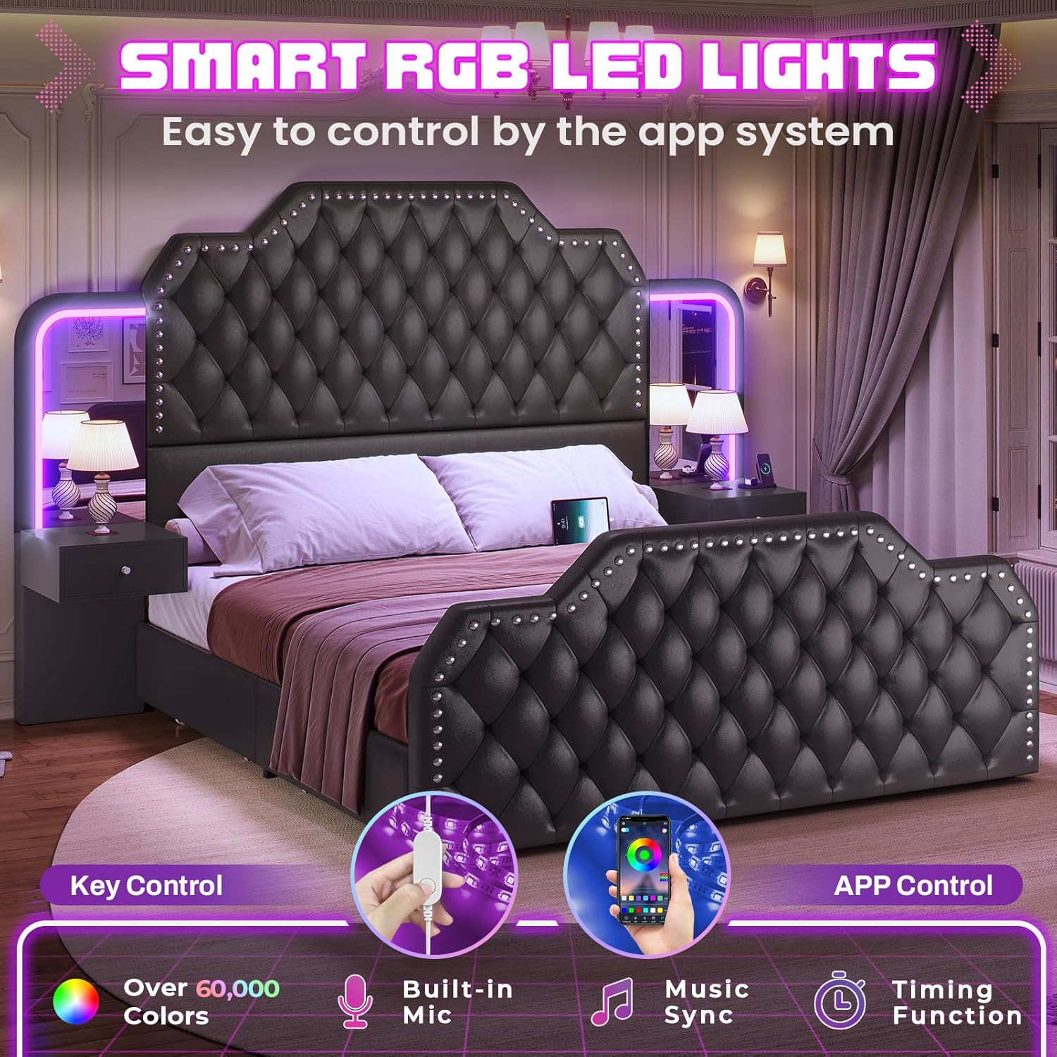 Itaar Queen Bed Frame with 53' Tall Headboard and 4 Storage Drawers, PU Leather Upholstered Platform Bed Frame, Built in Charging Station & Led, 2 Nightstands with Mirror, Black