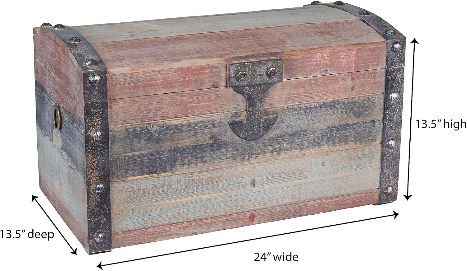 Household Essentials Small Wooden Storage Trunk, Weathered Wood with Paint Finish, Hinged Lid with Metal Accents