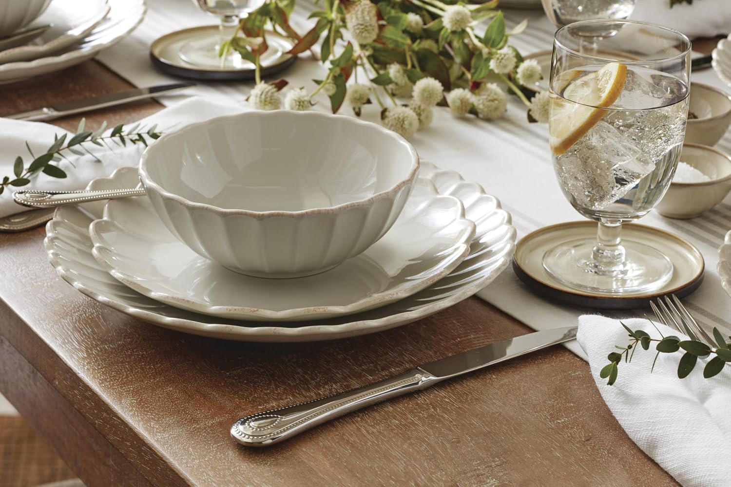 Lenox Dinnerware Sets, French Perle Scallop White 18-Piece Dinnerware Set, Service For 6, Stoneware Material, Dishwasher Safe, Microwave Safe, Bowls, Plates And Bowls, Dinner Dishes (White, 18 Piece)