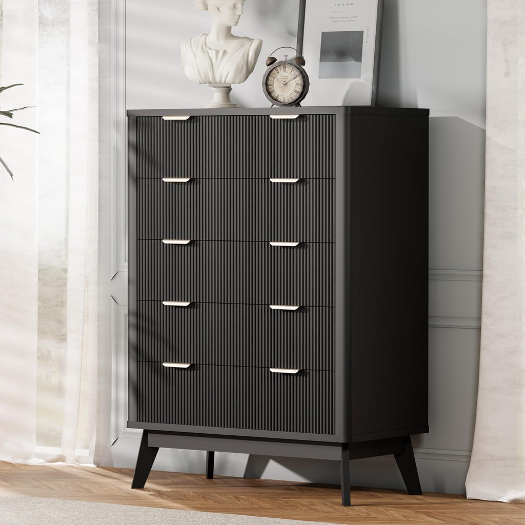 Royal Windsor Fluted 5 Drawers Dresser for Bedroom,43' Tall Wooden Dresser Chest of Drawers,Curved Profile Design,Storage Organizer for Living Room,Hallway,Black