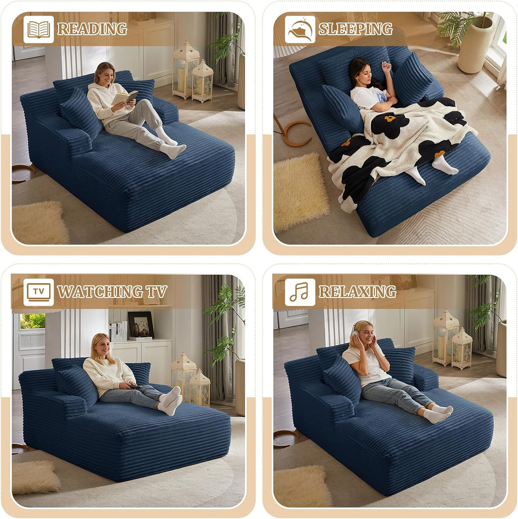 Oversized Chaise Lounge Chair Indoor, 66' Cloud Boneless Sleeper Couch Corduroy Upholstered Sofa Bed Deep Seat Comfy Reading Chair with 3 Pillows for Living Room Bedroom, Blue